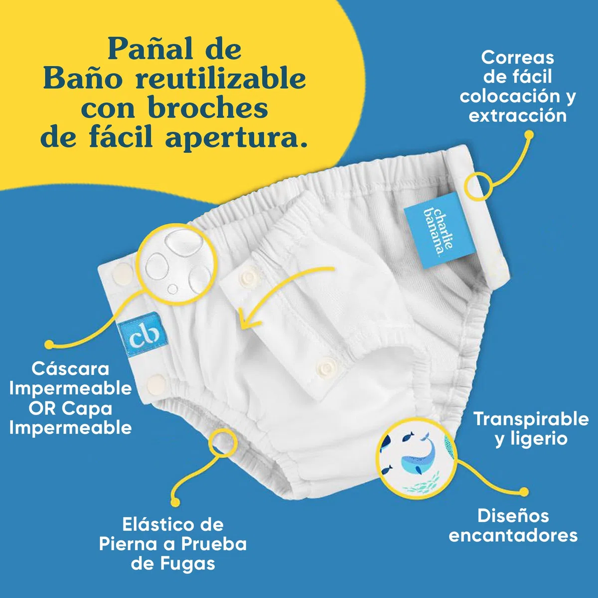 Charlie Banana Pañal de Baño reutilizable con broches de fácil apertura. Para bebés niñas y niños. Hechos con una capa exterior impermeable para prevenir fugas. M - White