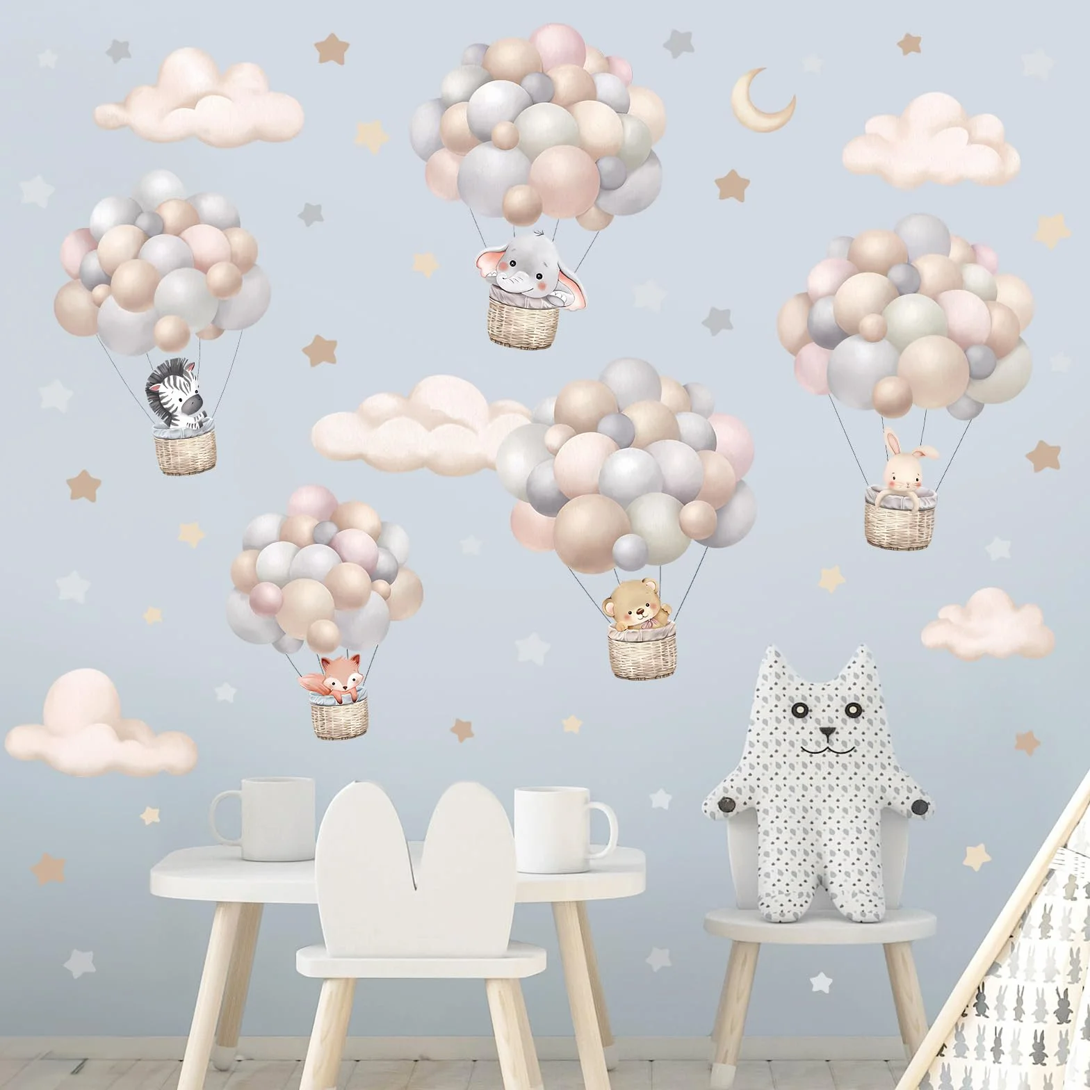 wondever Pegatinas de Pared Globos Animales Adhesivos Pared Decorativos Elefante Oso Conejo Nubes Vinilos Pared para Habitación Infantiles Niños Bebés Guardería