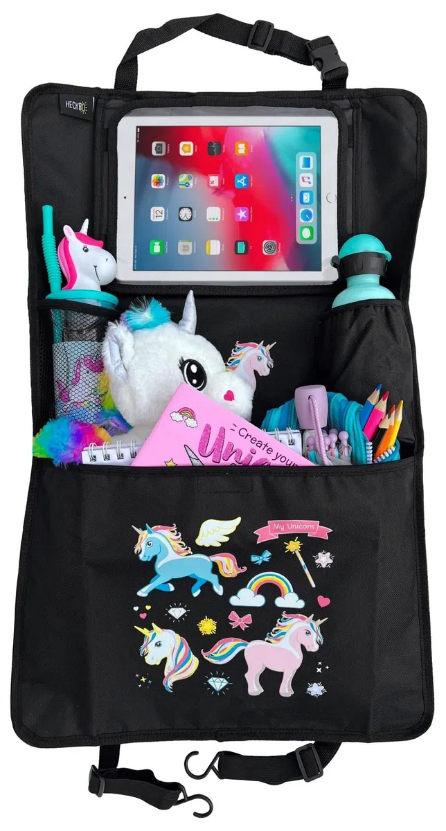 HECKBO 1x Organizador infantil para asiento de coche con bolsillo ajustable para tablet, almacenamiento para accesorios – Unicornio – 70x45 cm – incluye portabebidas