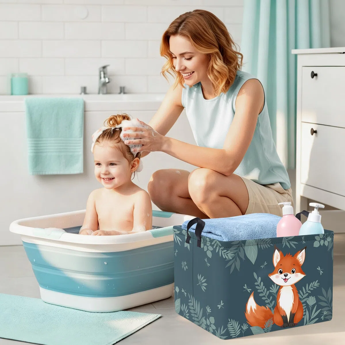 Clastyle Cestos Almacenaje Infantil Bosque Animal Cesta Ropa Sucia Plegable para Habitación Bebé Dormitorio Cajas de Almacenaje Juguetes para Chico Chica, Zorro Lindo, 40x30x30 cm