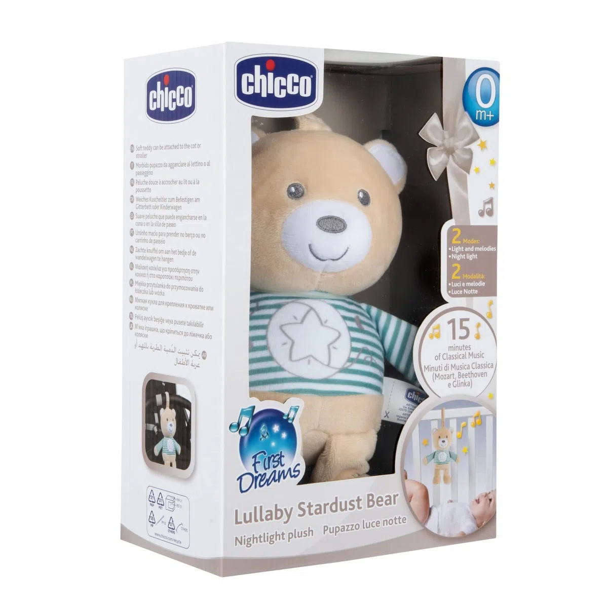 Chicco Osito Stardust, Osito de Peluche, Juguete para Sillita o Cuna, Tejido Suave, con Luz Suave y Música Clásica, Práctica Correa, Lavable a Máquina, Juguete Suave para Recién Nacido 0 Meses