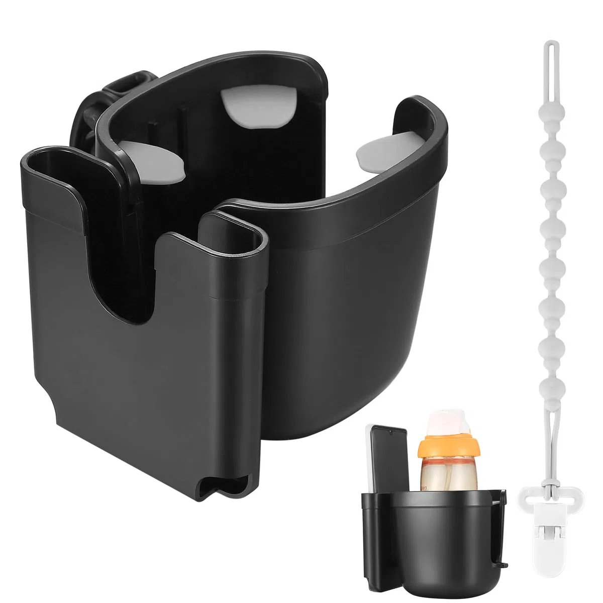 Portavasos para Cochecito, Portavasos Carrito Bebe Portátil, Soporte de Bebidas Universal, Sujeta Vasos para Silla de Paseo Ajustable para Cochecito de Bebé Bicicletas, con Cadena para Chupete