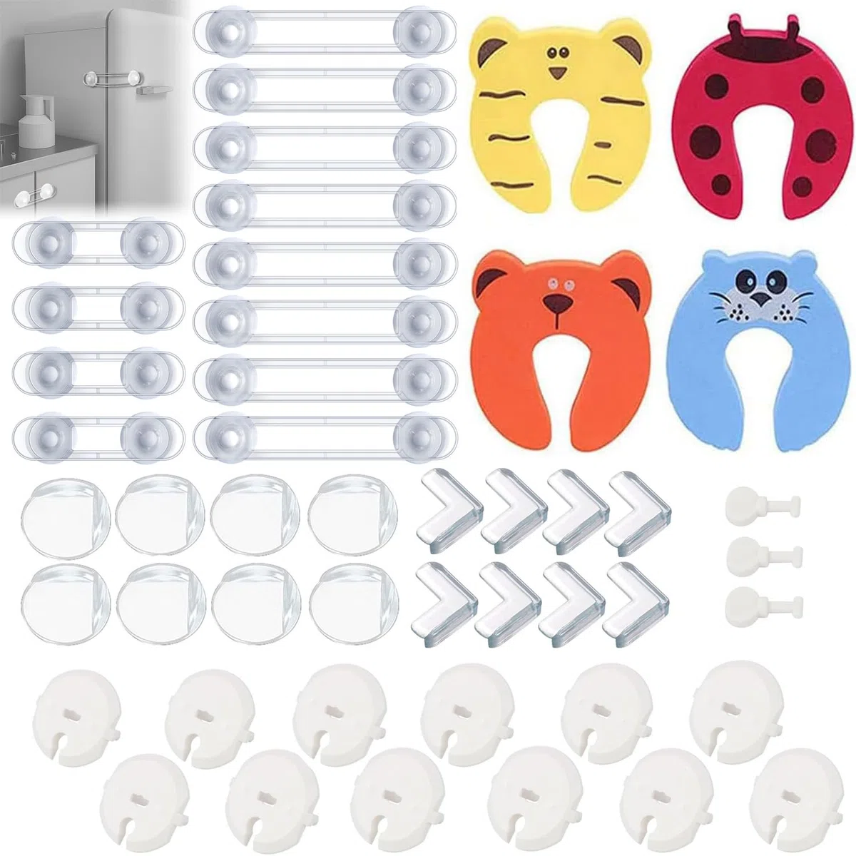 Kit de Seguridad para Bebés, 12 Cerraduras de Seguridad Niños+16 Protectores Esquinas Bebes+ 12 Cubiertas para enchufes+4 Protectores Puertas Bebe