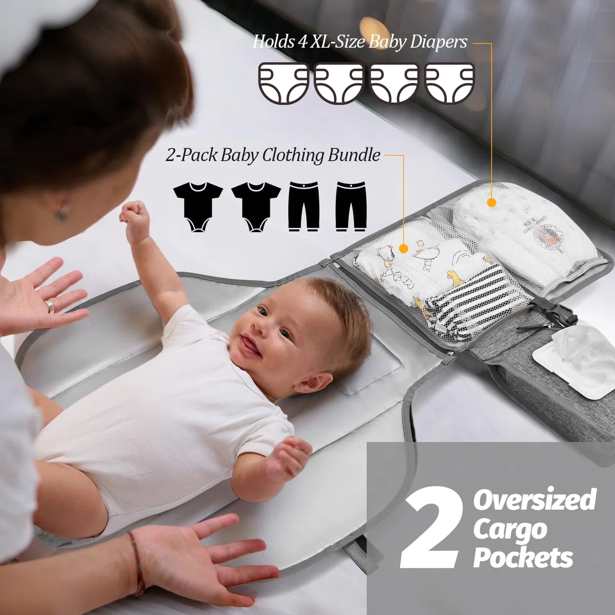 Cambiador portátil bebé - Cambiador viaje bebé con bolsillo para toallitas y cojín para la cabeza, impermeable, extraíble - Regalo ideal para recién nacido (Gris)