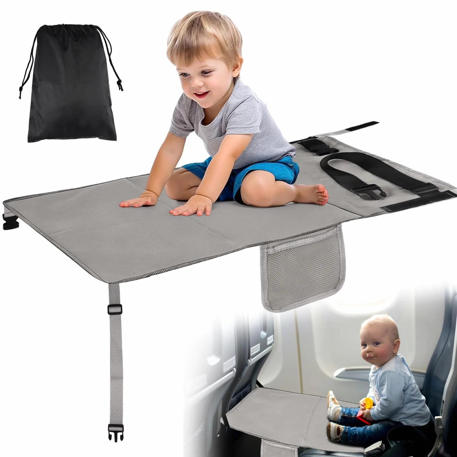 Reposapiés de Avión para Niños, Cama de Avión para Bebé, Extensión de Asiento de Avións, Cama de Viaje de Avións Portátil Plegable, Cuna Avióne Infantil, para Volar, Automóviles, Trenes (Gris)