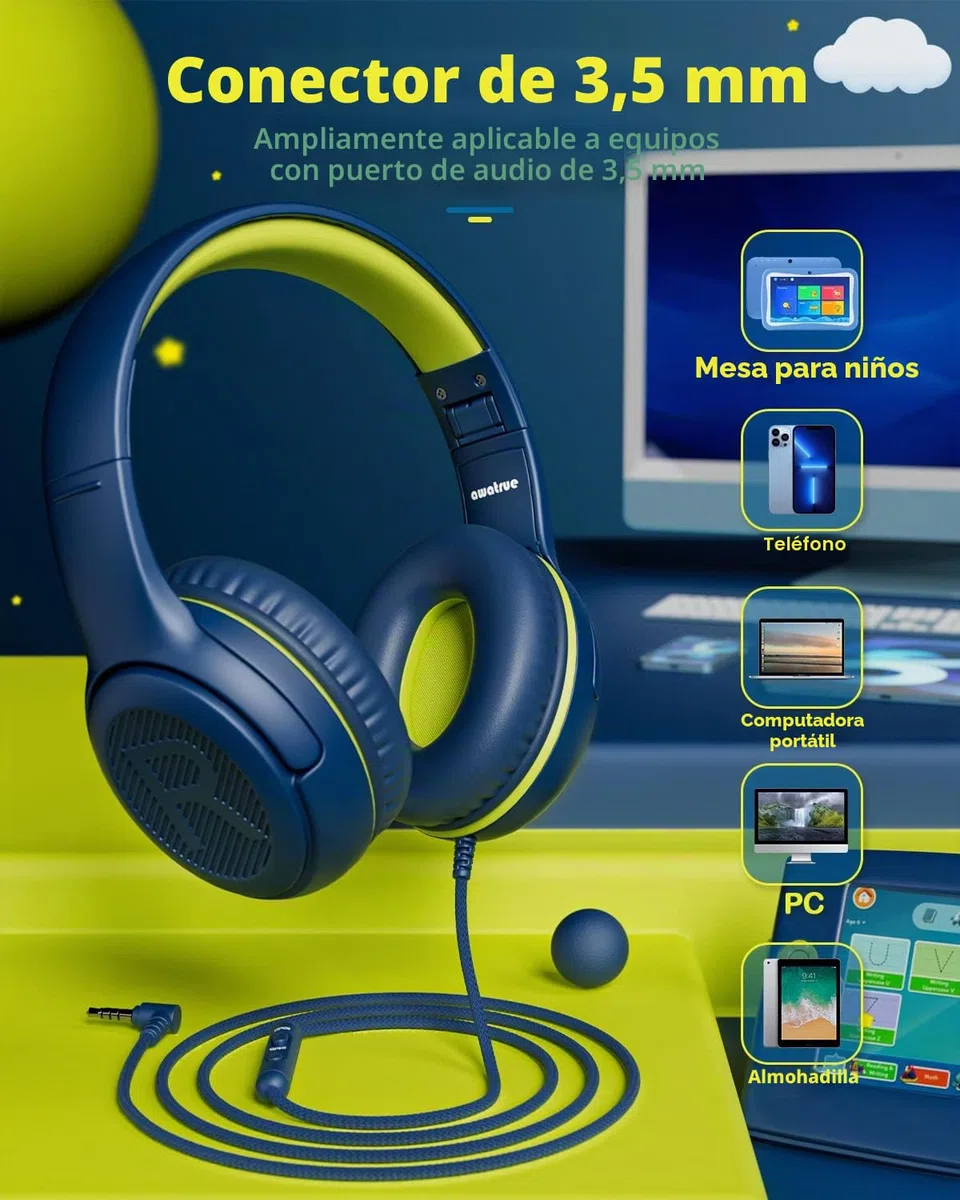 awartue Auriculares Niños con Cable Audio 3.5mm, Volumen Limitado 85/94dB, Diadema Ajustable Almohadillas Suaves, Cascos Infantiles para Clases Online/Viajes/Estudi, Azul y Verdoso