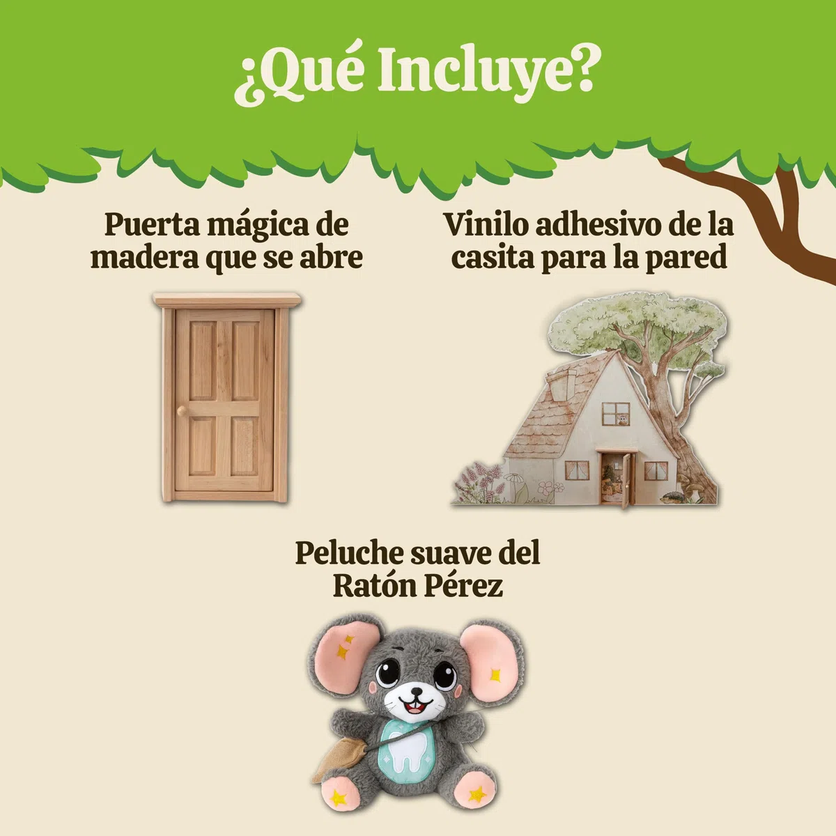 Perez&Fairy Puerta Ratoncito Perez que se Abre | Con Vinilo de Pared, Escalera de Madera y Peluche Raton Pequeño | Kit Casita Ratoncito Perez con Libro de Cuentos y Certificado | Regalo Niño y Niña