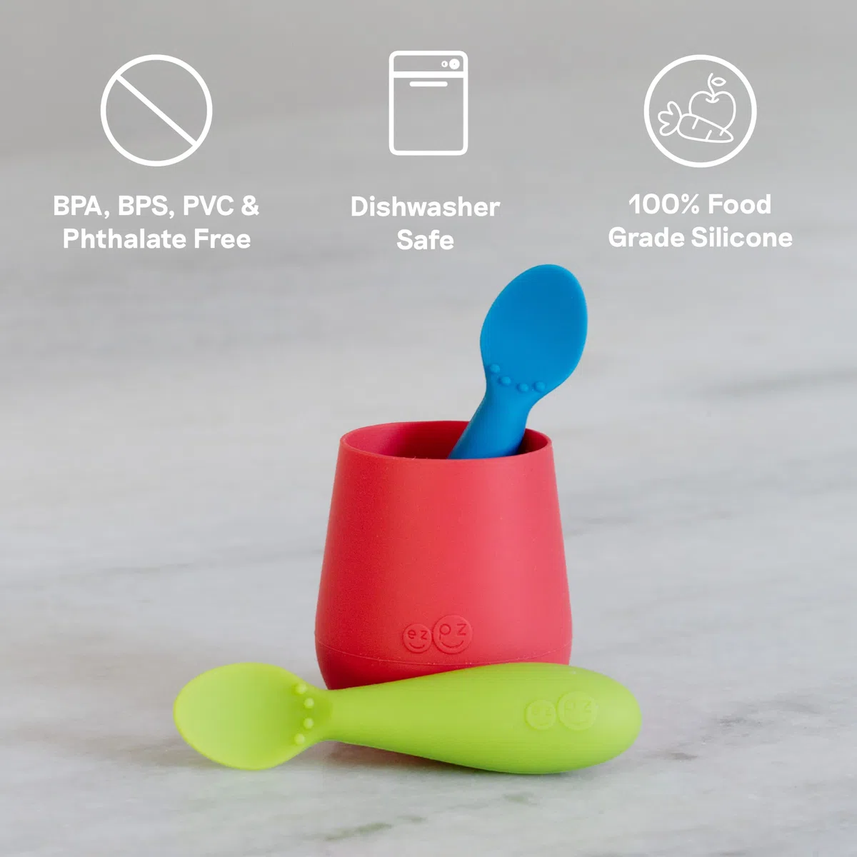 ezpz Tiny Spoons 4 meses +. Pack de 2 cucharas 100% de silicona para bebés y niños pequeños. facilita el Baby Led Weaning. Diseñado por un especialista en alimentación pediátrica. Azul