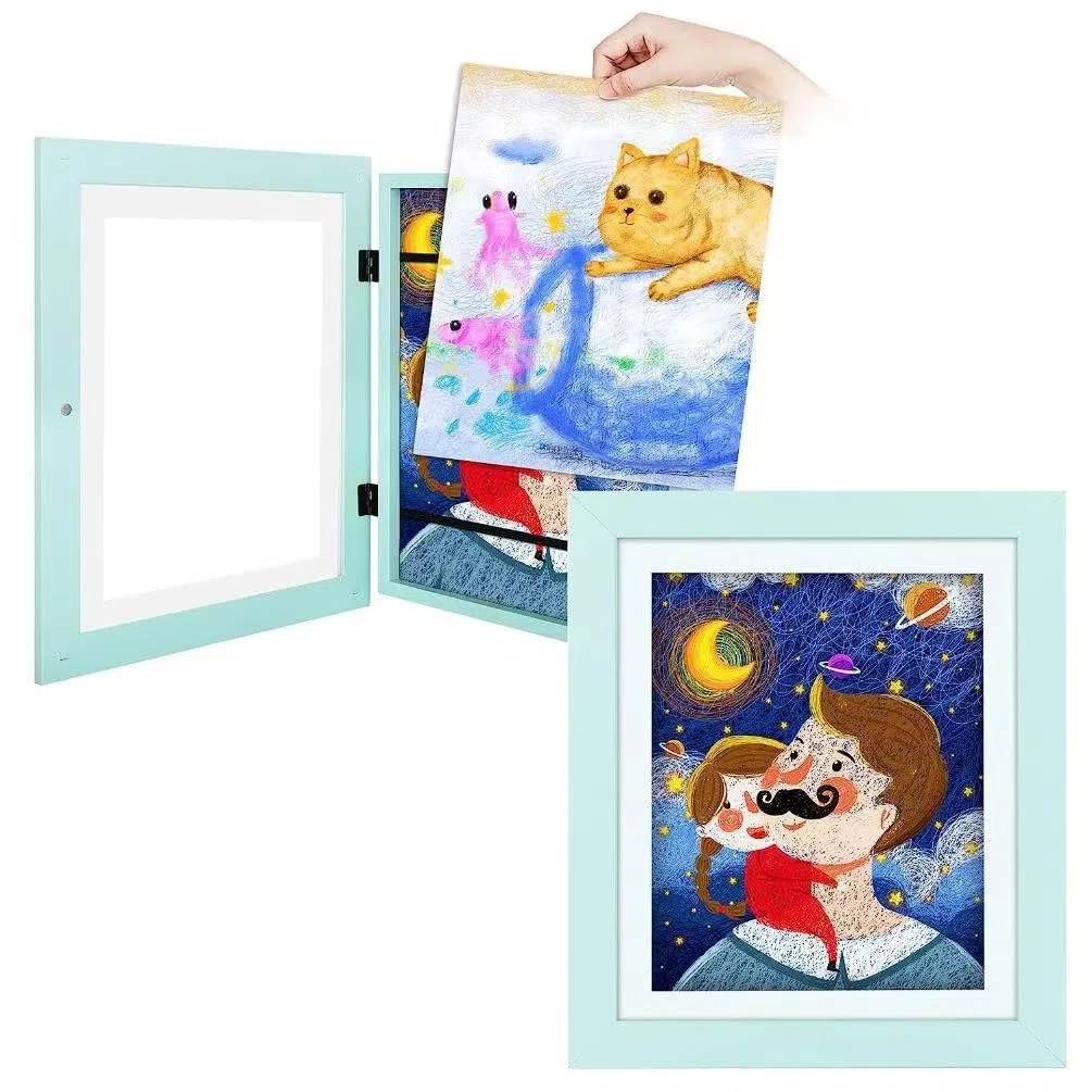 Marco Dibujos Infantiles, Marco de Fotos Infantil con Apertura Frontal A4, Marco Plegable Rellenable para Guardar y Mostrar Dibujos Infantiles, GaleríA Familiar, borde azul