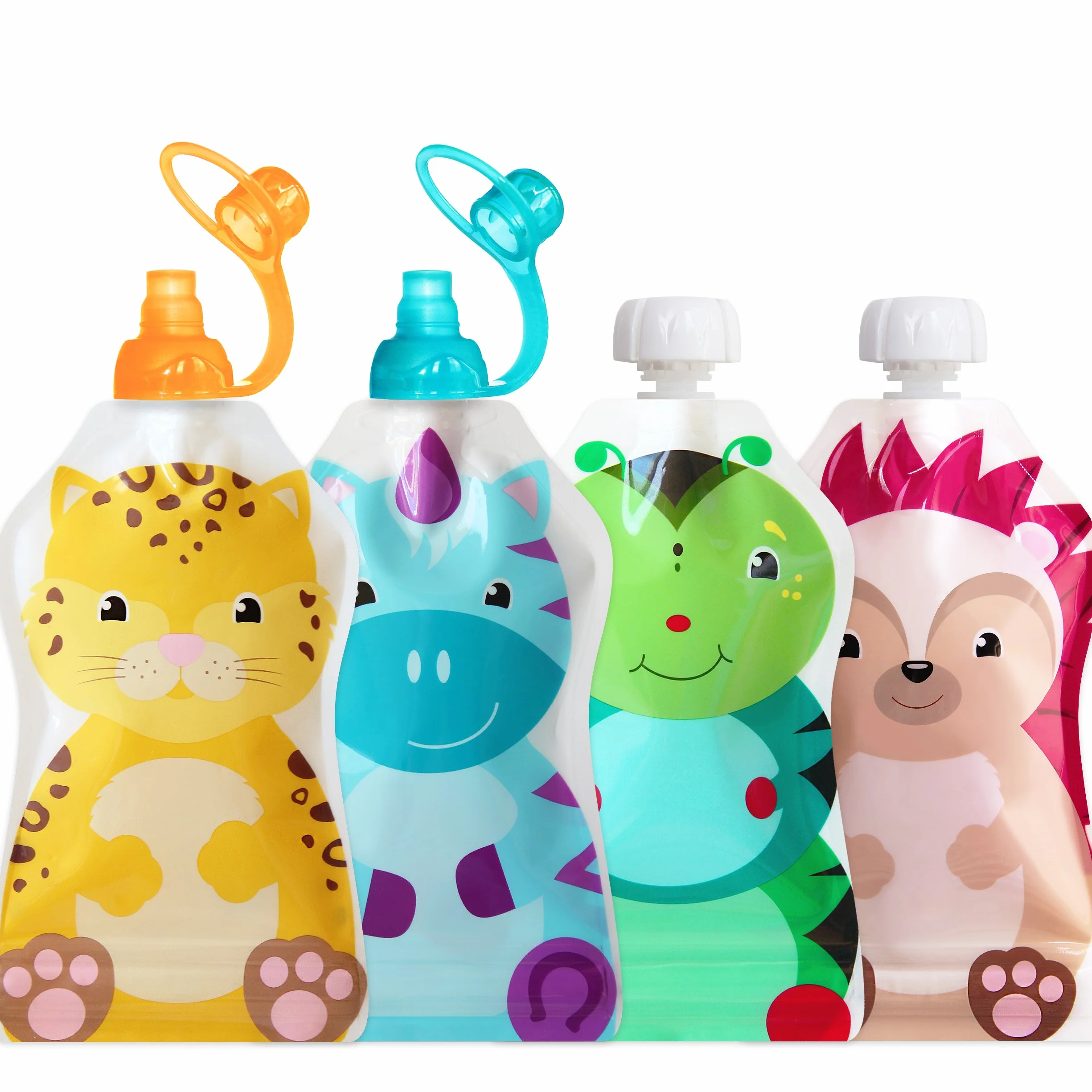 ChooMee Bolsas Reutilizables para Comida de Bebé + Tapas de Silicona SoftSip | Sin BPA, Antifugas, para Smoothies, Purés y Yogur | Doble Cierre y Base Ancha | 4 Uds, 140 ml FreshSquad