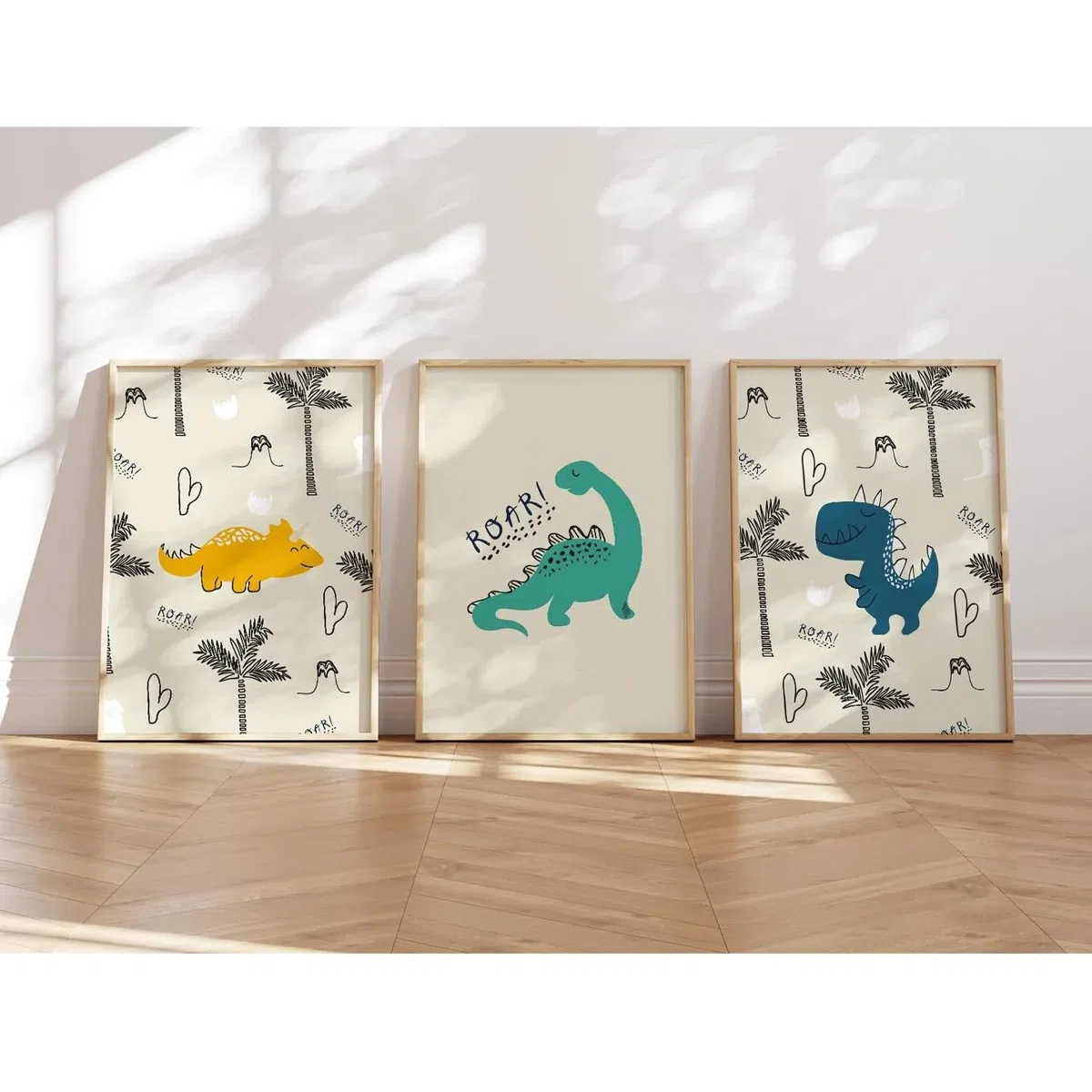 MeinBaby123 Póster de dinosaurio para habitación infantil, juego de 3 dinosaurios, DIN A4, imágenes para habitación infantil, imágenes decorativas de dinosaurio, decoración para habitación de bebé