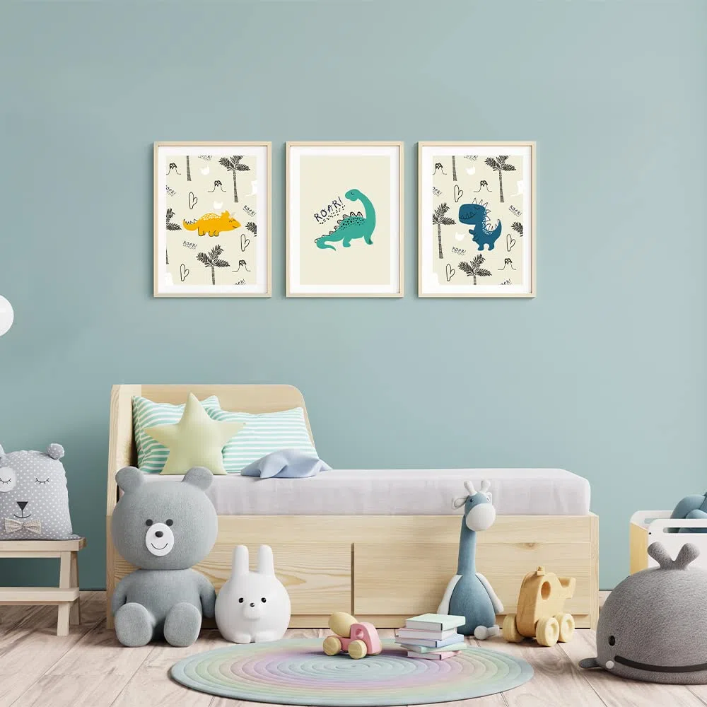 MeinBaby123 Póster de dinosaurio para habitación infantil, juego de 3 dinosaurios, DIN A4, imágenes para habitación infantil, imágenes decorativas de dinosaurio, decoración para habitación de bebé