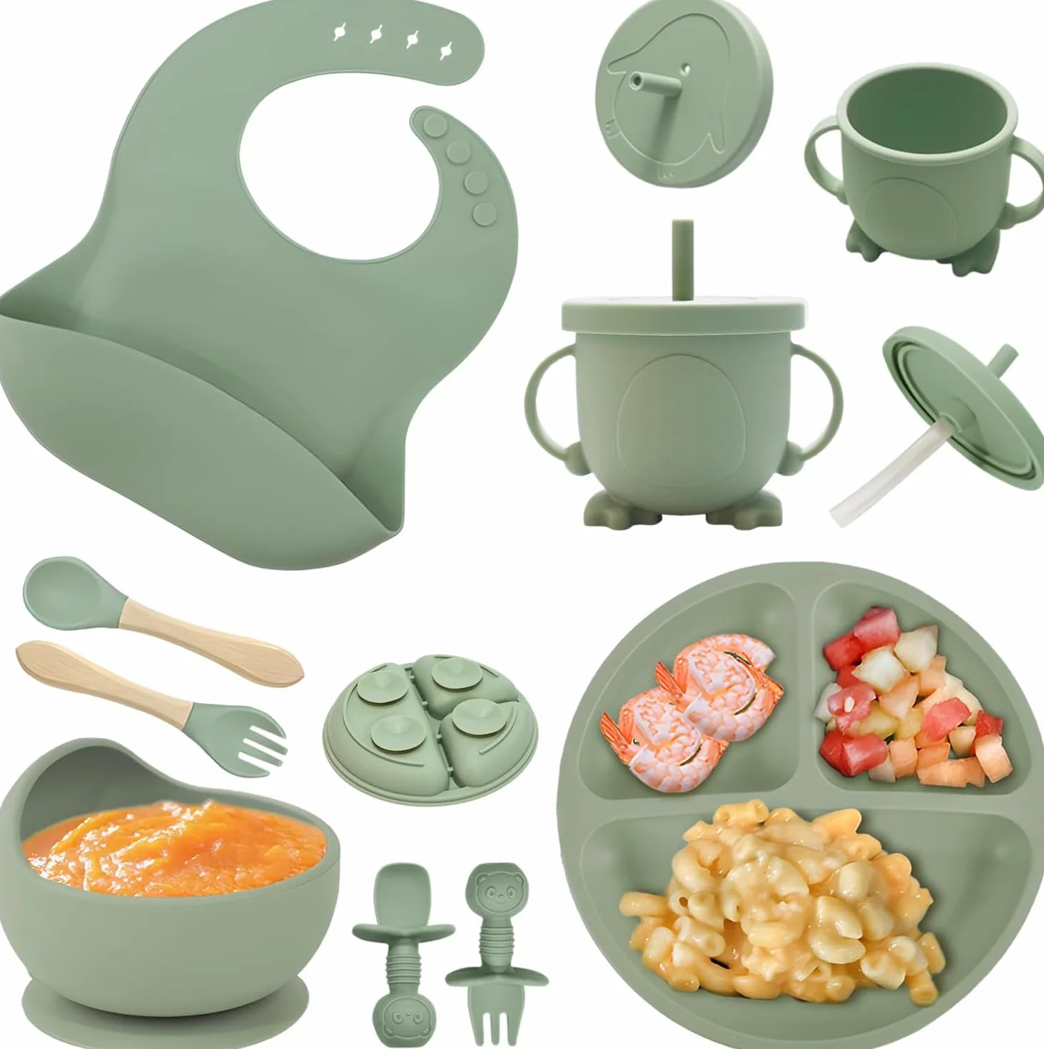 Cubiertos Bebe, 8 Piezas, Vajilla bebe Silicona, Platos Bebe con Ventosa, Vajilla Infantil, Baby Led Weaning, Cuchara Bebe, Babero Silicona Bebe, Vaso Bebe, Cubiertos Infantiles, Verde