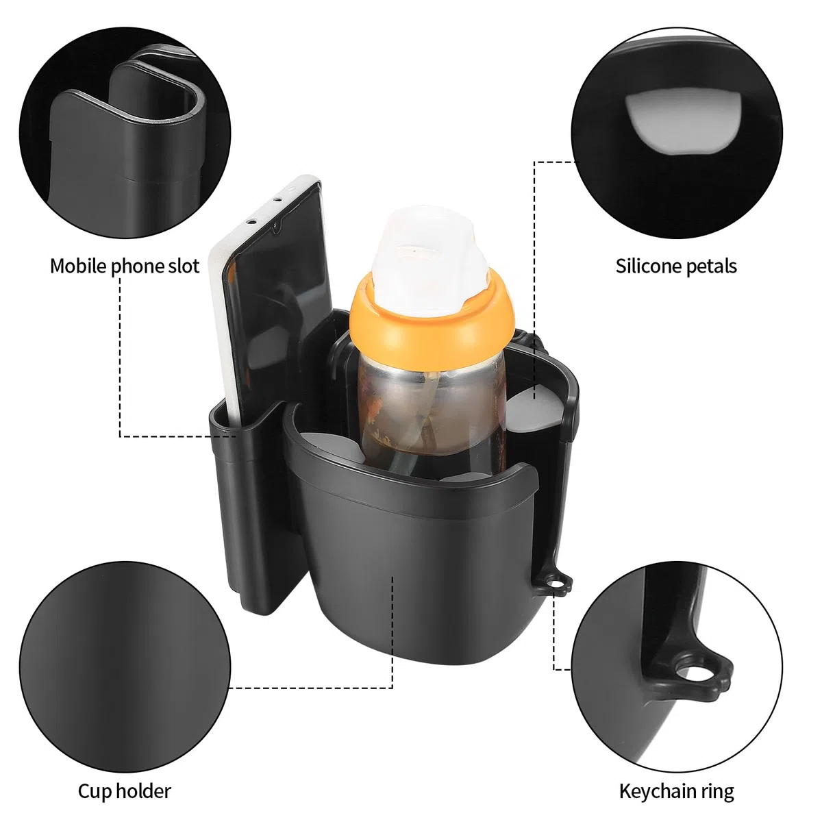 Portavasos para Cochecito, Portavasos Carrito Bebe Portátil, Soporte de Bebidas Universal, Sujeta Vasos para Silla de Paseo Ajustable para Cochecito de Bebé Bicicletas, con Cadena para Chupete