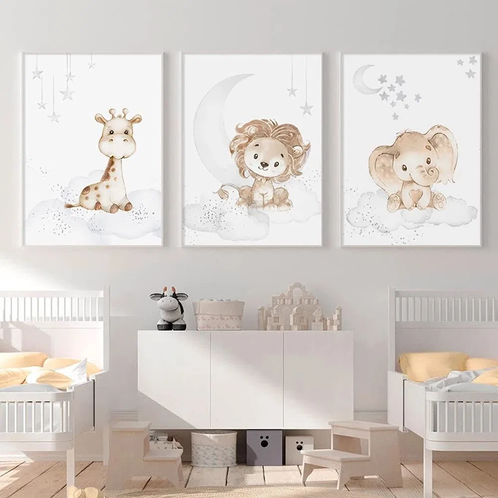 3 Laminas para Cuadros Infantiles Poster Animales Diseño de León Jirafa Elefante Nubes Estrellas Luna Pared Decoración Dormitorio Habitacion Bebé Niño Niña Regalo 30 x 40 cm sin Marco