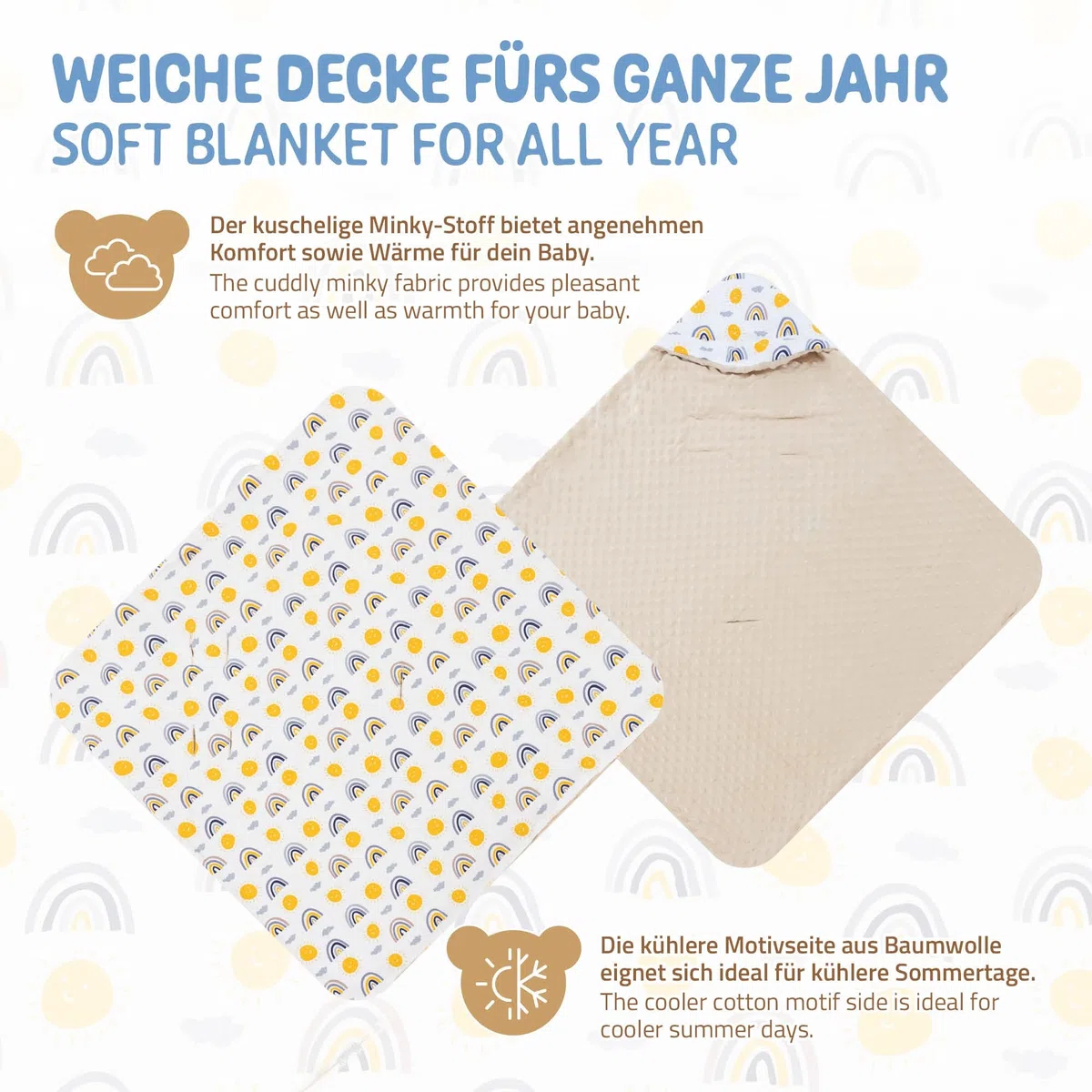 Joyz Manta con Capucha para Bebé 84x84 cm Beige 100% Algodón Arcoiris con Viscosa Saco de Doble Cara para Accurucarse Toda la Temporada Universal Portabebés Ideal para el Cochecito o Silla de Paseo