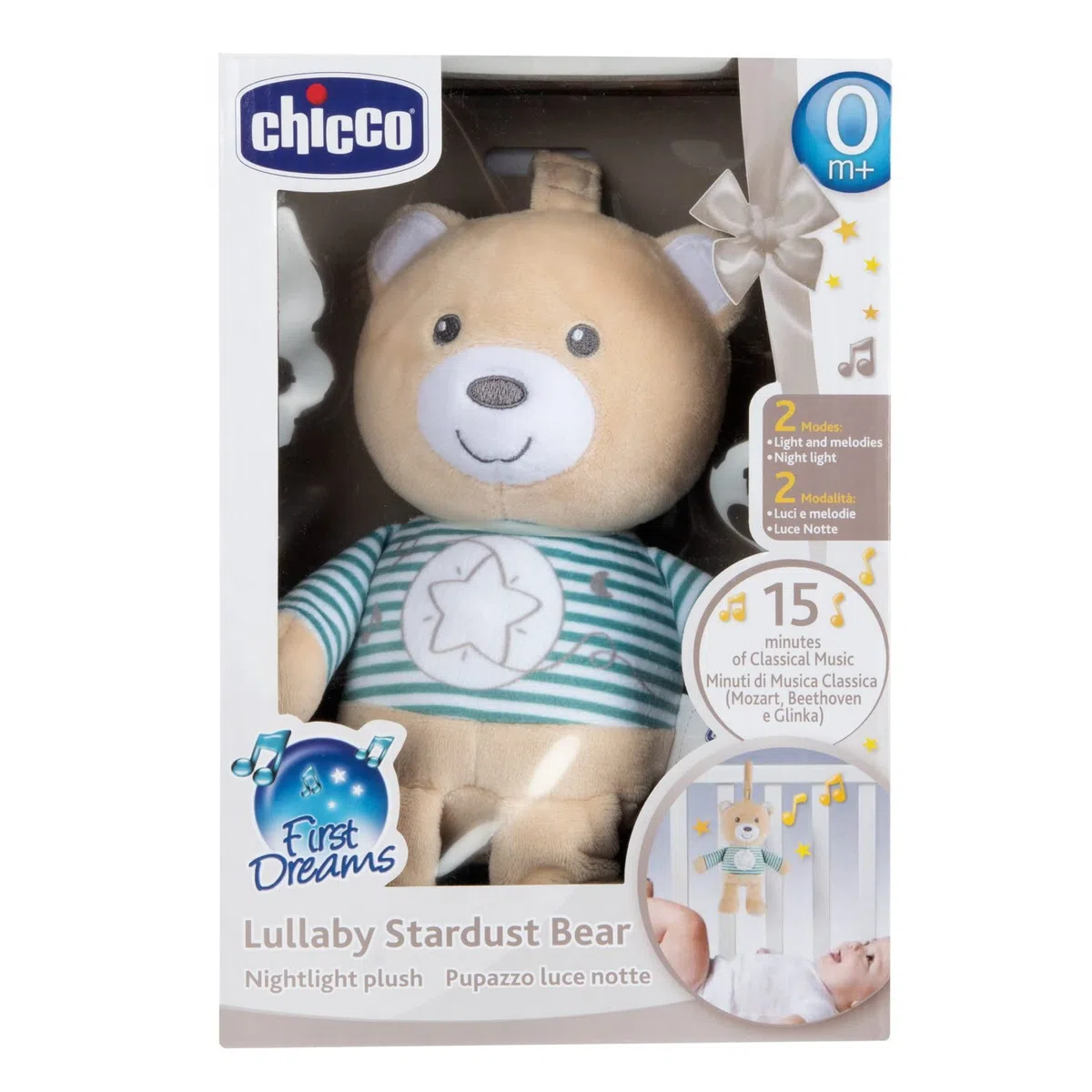 Chicco Osito Stardust, Osito de Peluche, Juguete para Sillita o Cuna, Tejido Suave, con Luz Suave y Música Clásica, Práctica Correa, Lavable a Máquina, Juguete Suave para Recién Nacido 0 Meses