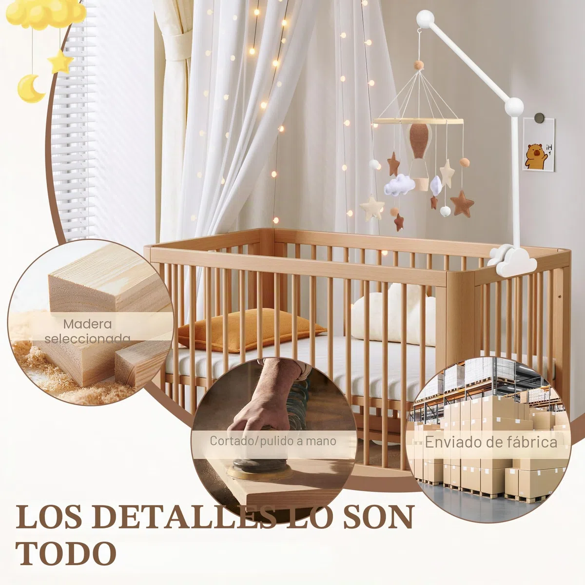 Soporte Móvil para Bebé, Soporte de Móvil Extraíble, Soporte de Madera para Cuna con Forma de Nube, Brazo Móvil de Cuna para Juguetes, Campanas de Viento y Decoración de Habitación, Blanco