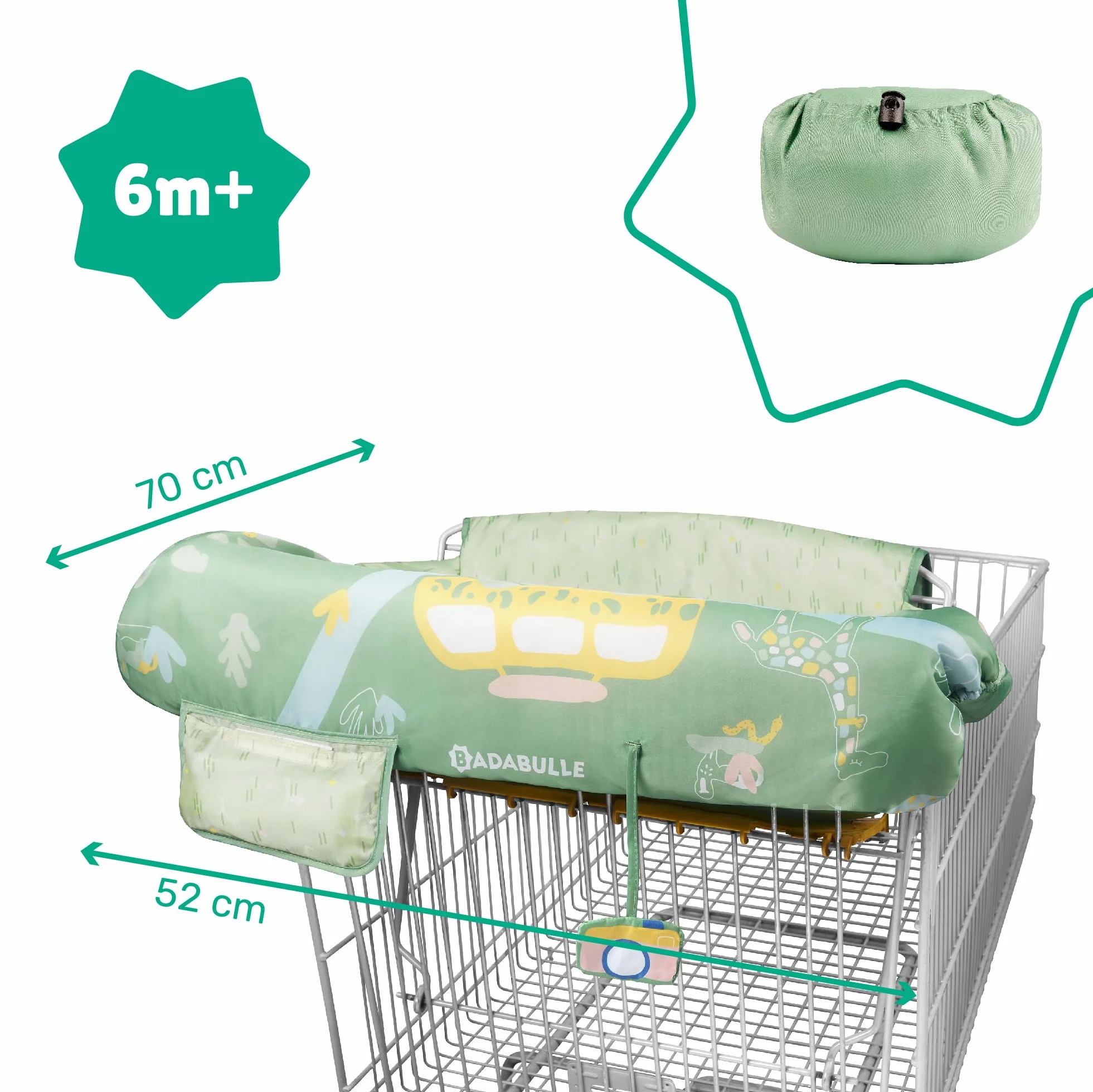 Badabulle Protector de asiento de carro de compra para niños - Universal - Bolsillo de almacenamiento integrado y juguete sensorial - Espacio de almacenamiento ultracompacto