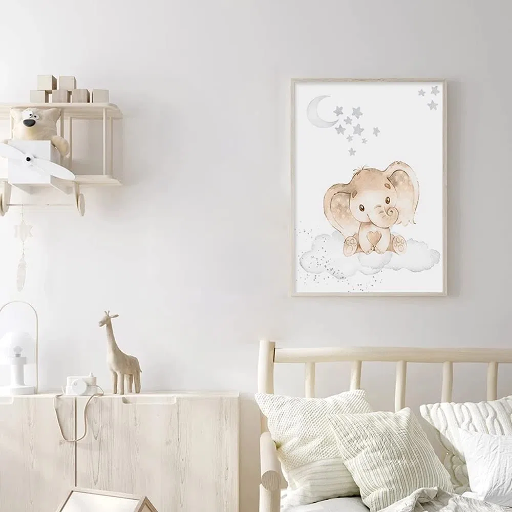 3 Laminas para Cuadros Infantiles Poster Animales Diseño de León Jirafa Elefante Nubes Estrellas Luna Pared Decoración Dormitorio Habitacion Bebé Niño Niña Regalo 30 x 40 cm sin Marco