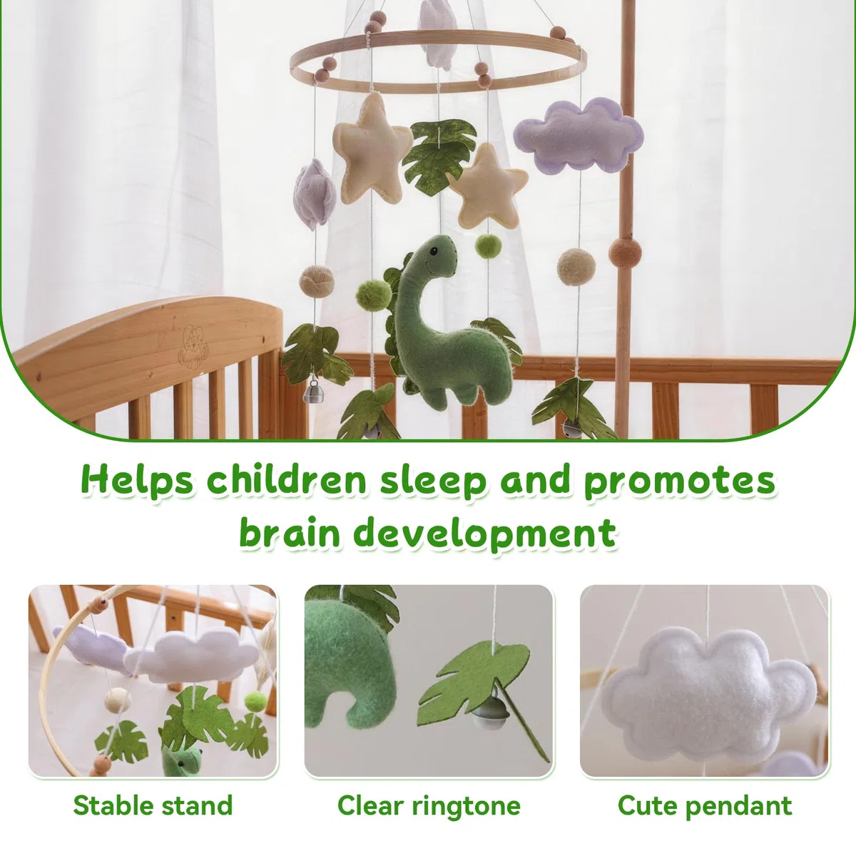 Móvil de Madera para Bebé Dinosaurio, 3D Carillón de Viento Móvil para Bebé con Bolas de Fieltro, Mobile Bebe con Estrellas, Decoración para Cuna, Nubes y Hojas Regalo para Niña Niño, Verde