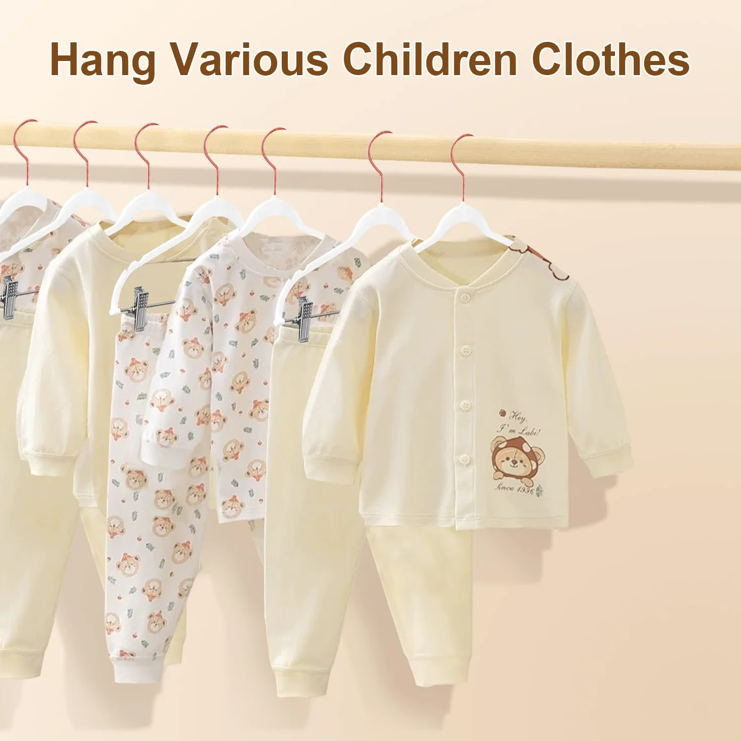 Perchas de Terciopelo con Clips para Ropa de Niños de 30cm, Perchas Antideslizantes para Niños Pequeños y Bebés, 14 Piezas, Color Blanco con Oro Rosa