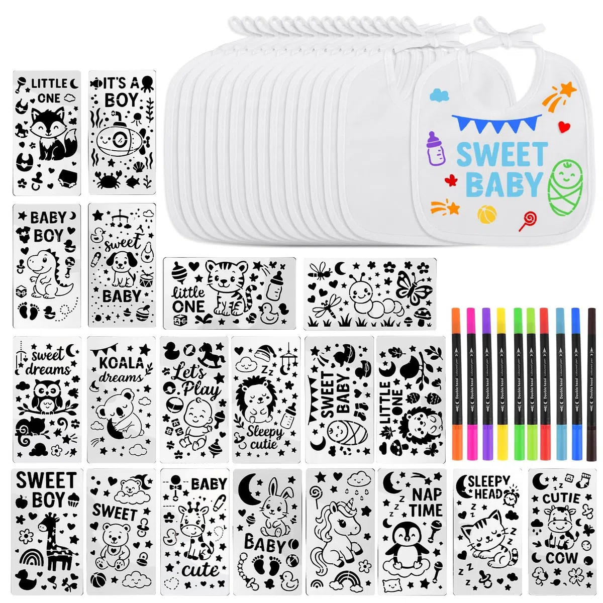 Wriligel Baberos de bebé para pintar 22x18 cm, DIY baberos bebé personalizados, juego de 15 baberos de algodón con 12 rotuladores acuarelables y 20 plantillas, regalo creativo para baby shower
