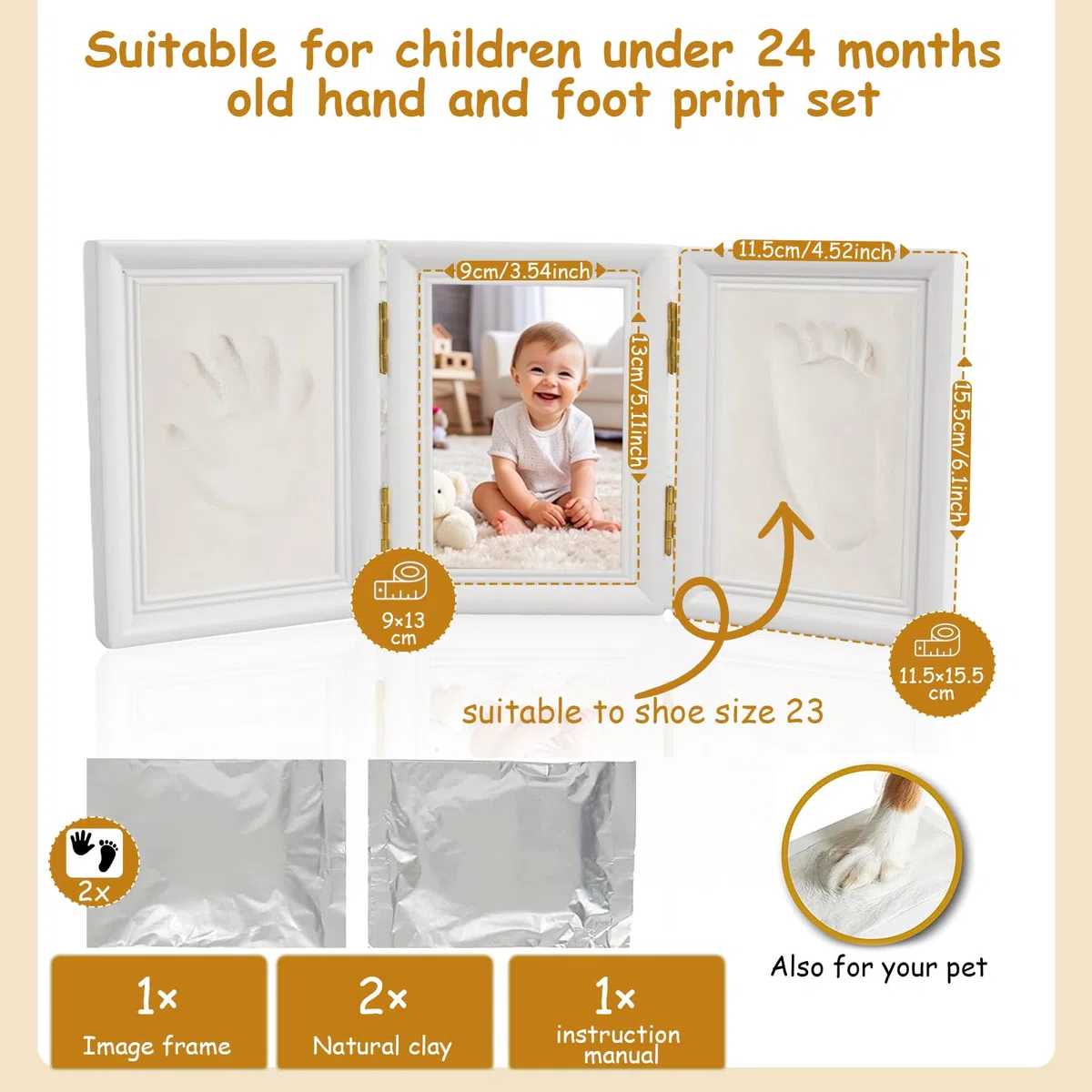 Manos y pies, kit de marco de huella infantil, conjunto de marco de impresión con molde de arcilla, marco de fotos de huella de bebé de madera para niños regalo de recuerdo de recién nacido