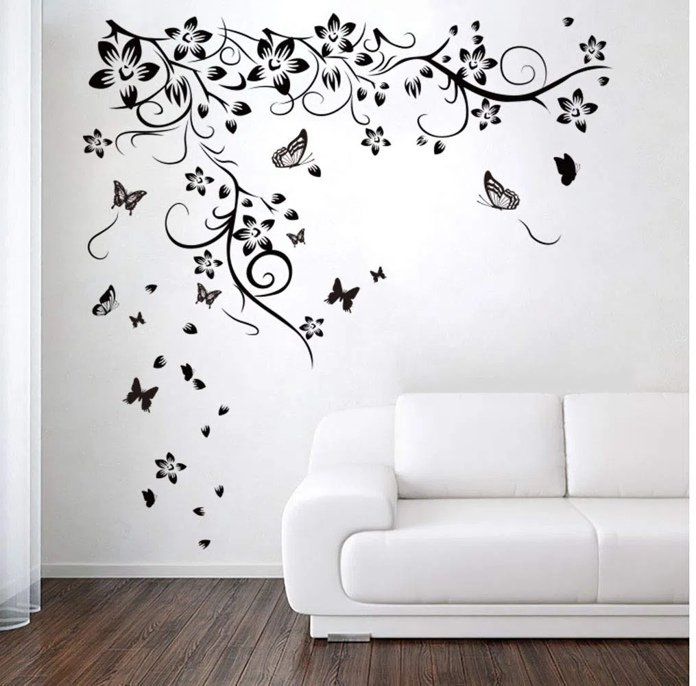 Runtoo Pegatinas de Pared Flores Negras Stickers Adhesivos Vinilo Mariposa Decorativas Salon Dormitorio Habitacion Bebe