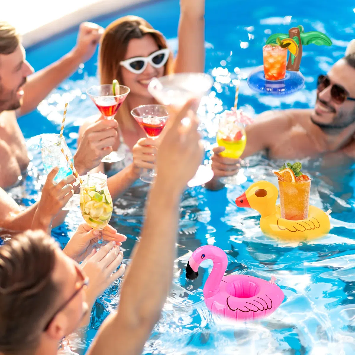 9 soportes inflables para bebidas, mini palmera de flamenco, soporte para botellas inflable con bomba de aire, para salas de verano y piscinas al aire libre y playas