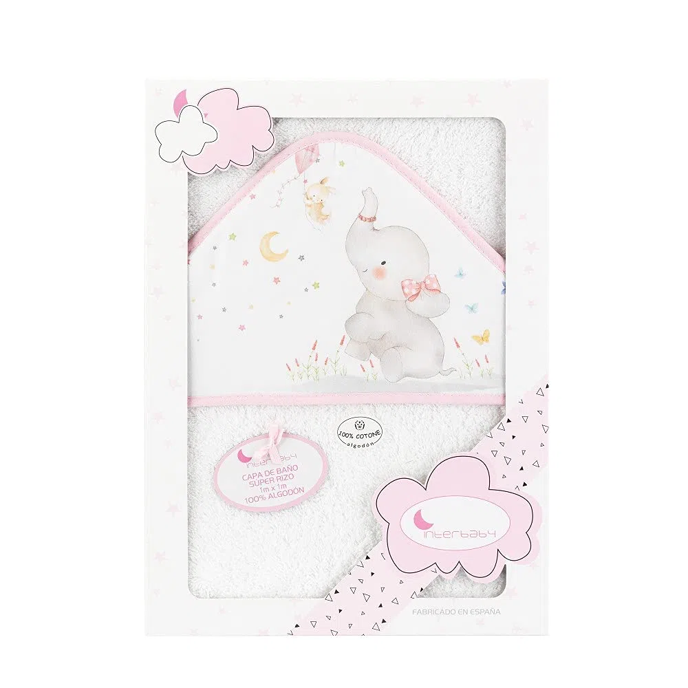 Interbaby - Capa de Baño Bebe Blanco/Rosa | Toalla Bebe con Capucha 100% Algodón, 100x100cm, Unisex | Suave, Cómoda, Secado Rápido | Ideal Recién Nacidos, Bebes y Niños Pequeños | Diseño Elefante