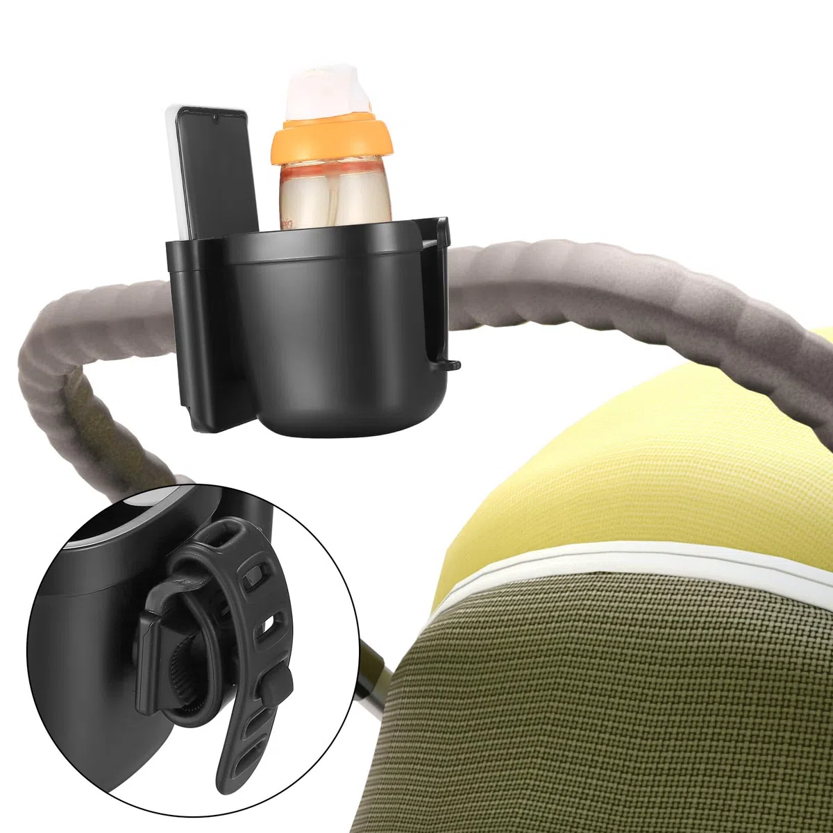 Portavasos para Cochecito, Portavasos Carrito Bebe Portátil, Soporte de Bebidas Universal, Sujeta Vasos para Silla de Paseo Ajustable para Cochecito de Bebé Bicicletas, con Cadena para Chupete