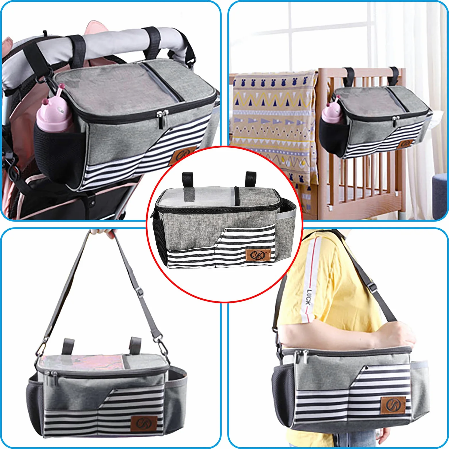 Bolsa Organizadora de Cochecitos, Multifuncional con Correa Para el Hombro Bolso Carro Bebé, Gran Capacidad Súper Liviana Bolso Organizador Bugaboo Universal Impermeable (Gris)