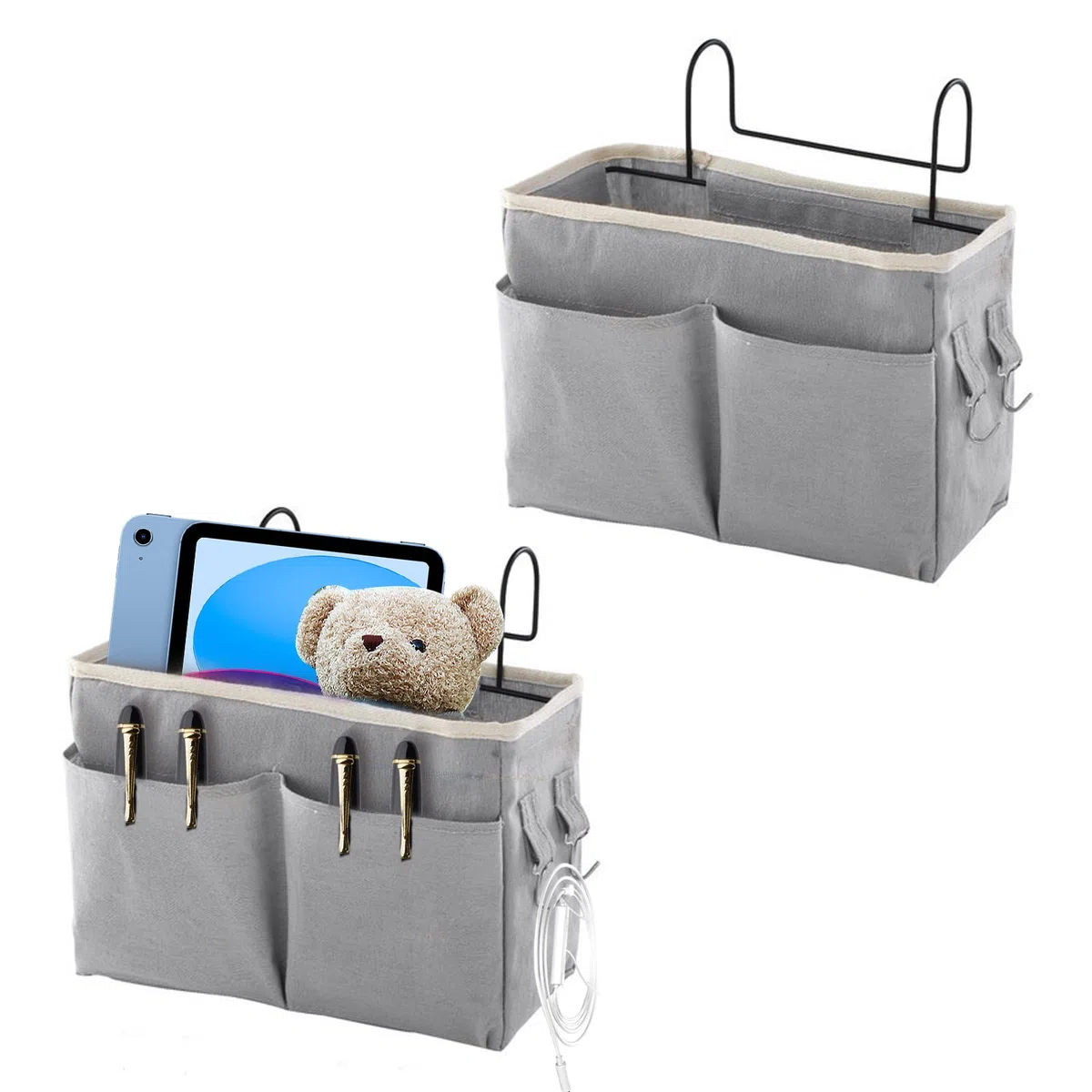 2 Piezas Organizador de Cabecera, Bolsillos para Cama con Gancho para Hogar, Oficina, Escuela, Litera, Cuna - Bolsa de Almacenamiento (Gris)