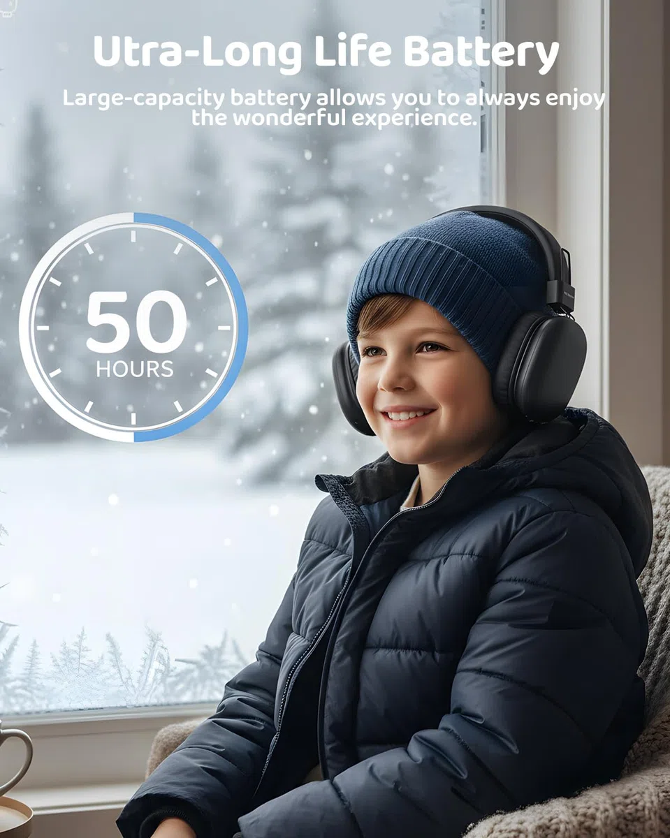awatrue Auriculares Niños, Cascos Inalambricos Bluetooth Niños, Límite de Volumen de 85/94dB, Micrófono Integrado, 50 Horas de Reproducción, Diadema Headphones Niño, para Escuela, Viaje (Negro)