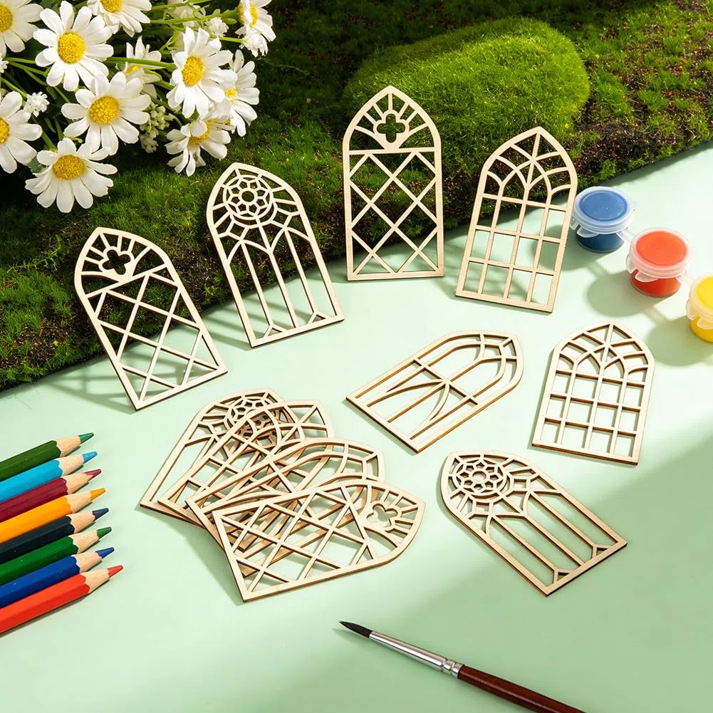 PH PandaHall 4 estilos de recortes de madera para ventana, 20 piezas de rebanadas de madera sin terminar, ventanas en miniatura en blanco, mini ventanas de casa de hadas para manualidades, cumpleaños