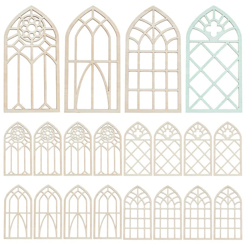 PH PandaHall 4 estilos de recortes de madera para ventana, 20 piezas de rebanadas de madera sin terminar, ventanas en miniatura en blanco, mini ventanas de casa de hadas para manualidades, cumpleaños