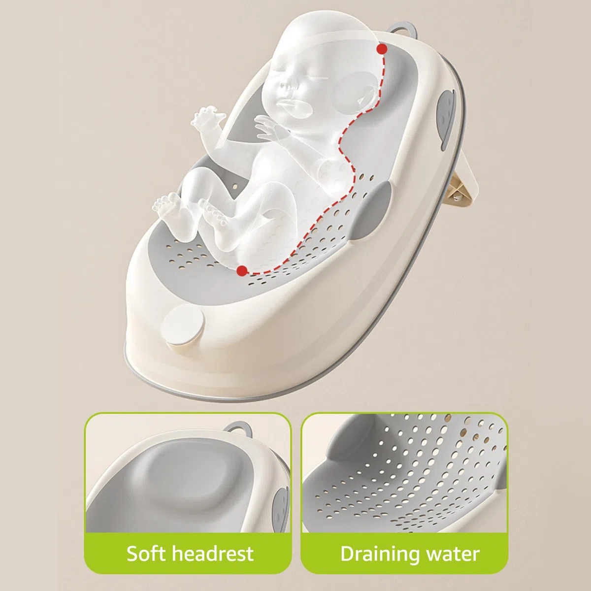 Soporte de baño para bebé antideslizante gris con soporte suave para la columna vertebral y pies plegables, asiento de bañera para recién nacidos, asiento de baño para niños pequeños, gris