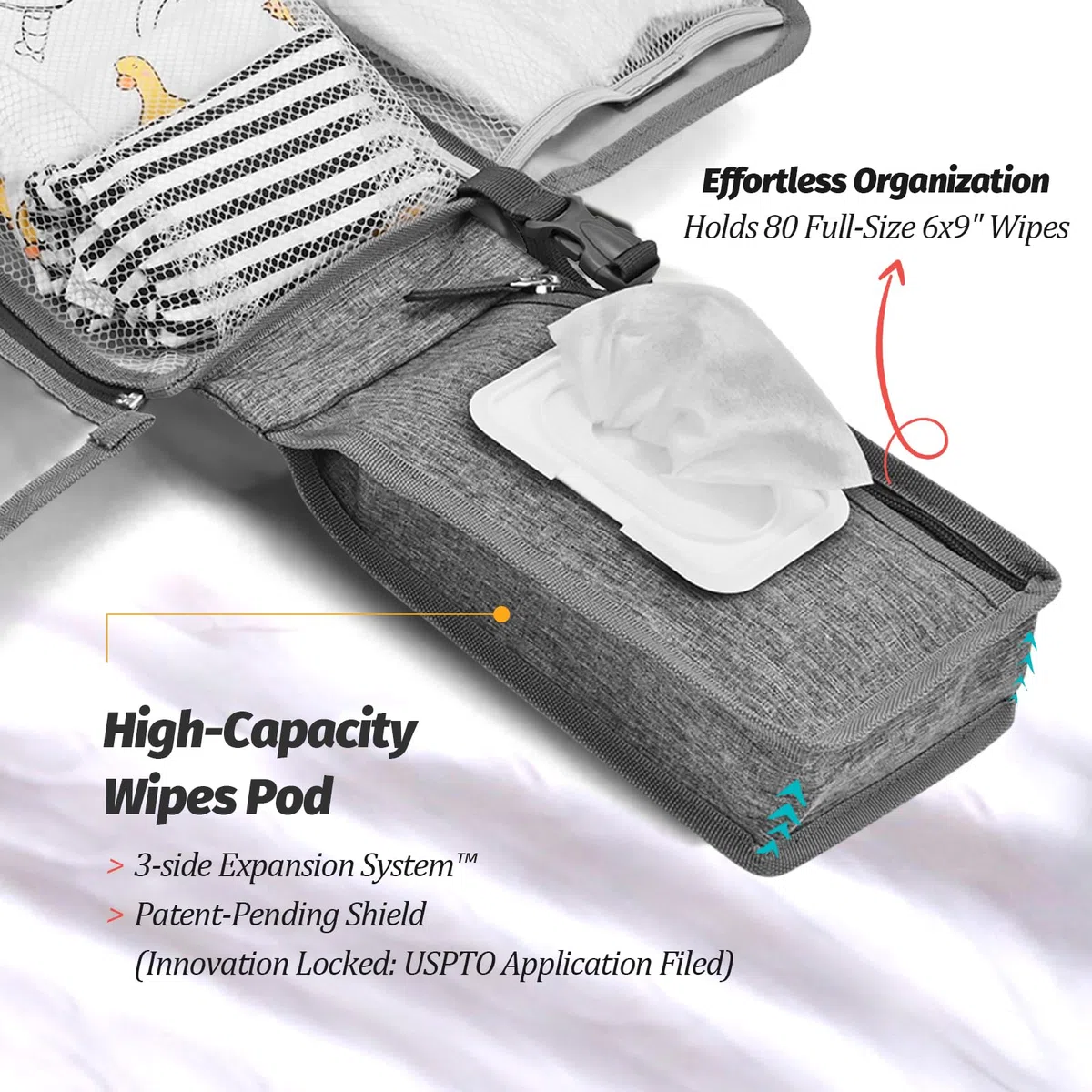 Cambiador portátil bebé - Cambiador viaje bebé con bolsillo para toallitas y cojín para la cabeza, impermeable, extraíble - Regalo ideal para recién nacido (Gris)