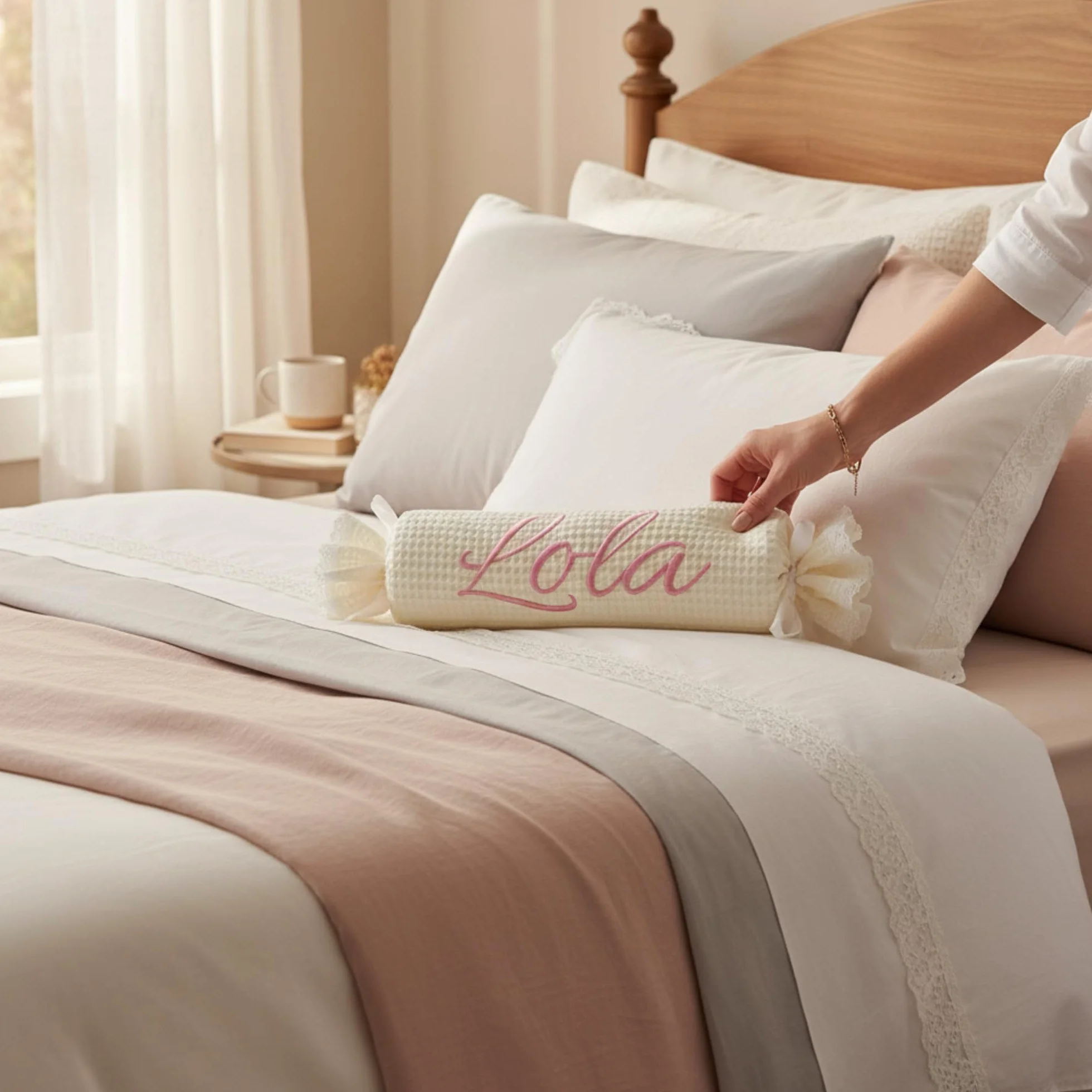Cojín Caramelo para Bebé Personalizado, Tejido Piqué Waffle Suave, Decorativo Infantil, Regalo Recién Nacido (Beige)