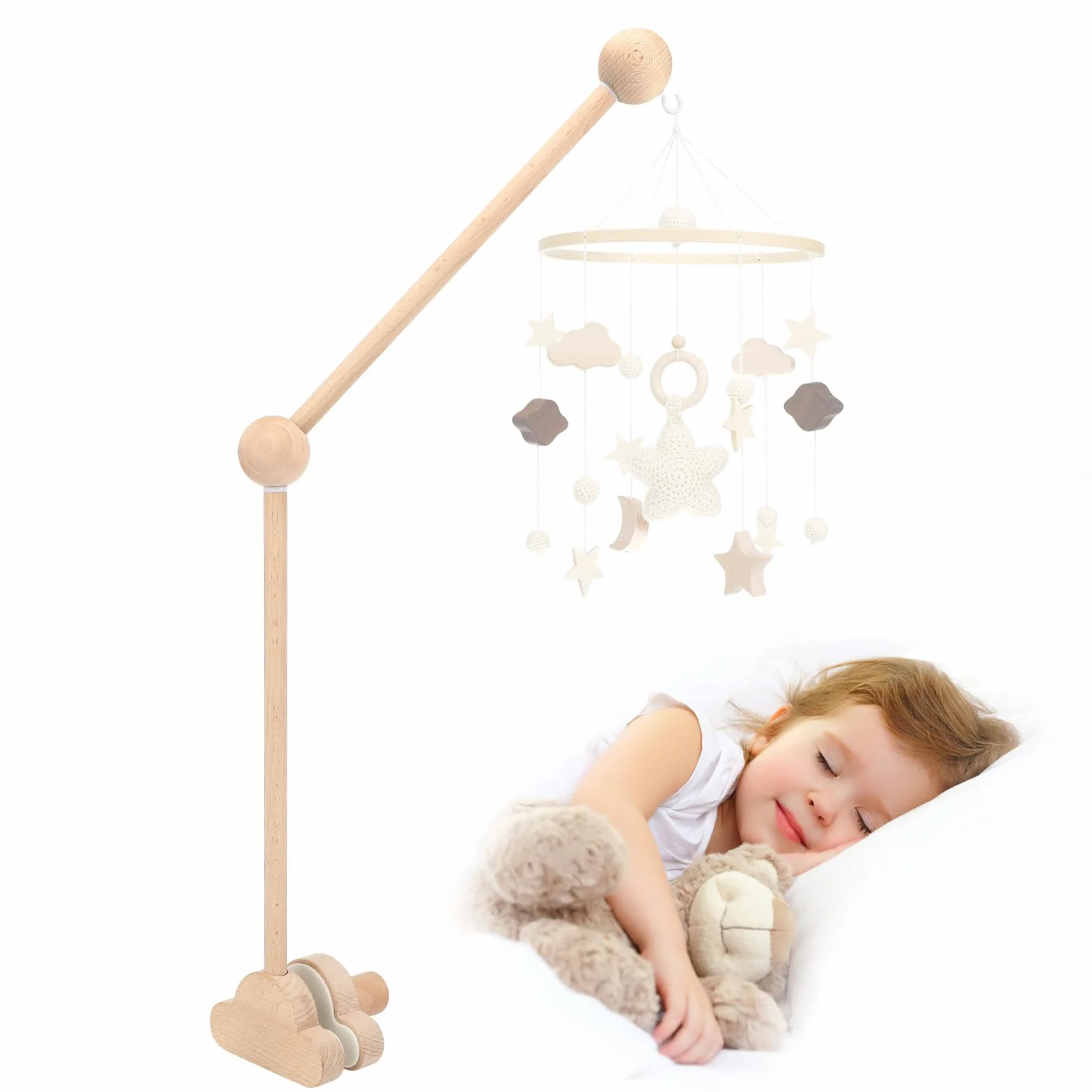 Farerkass Soporte Móvil para Bebé, Soporte de Madera para Cuna, Altura Ajustable, Brazo Móvil de Cuna Extraíble, Ideal para Campanas de Viento, Juguetes y Decoración de Habitación Infantil