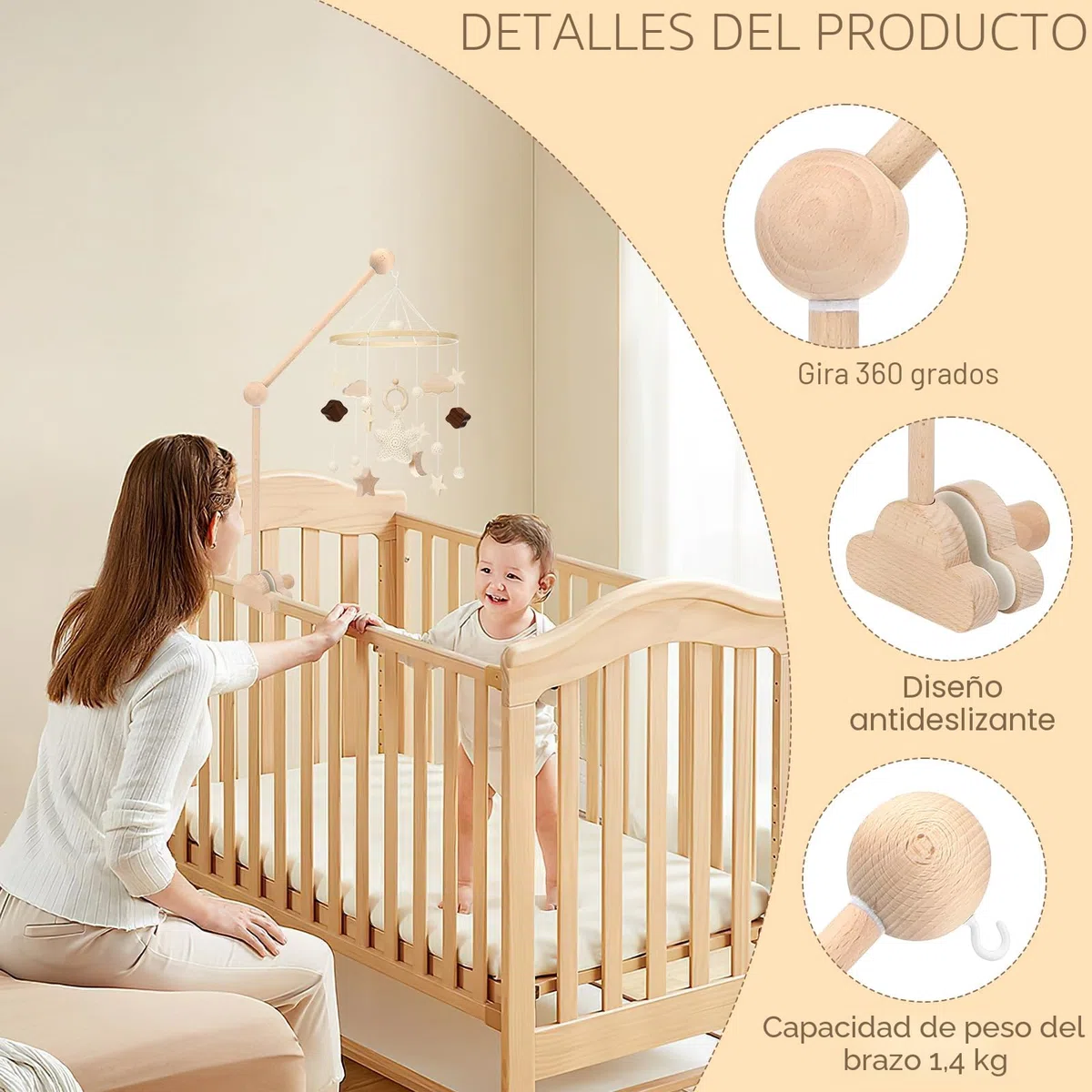 Farerkass Soporte Móvil para Bebé, Soporte de Madera para Cuna, Altura Ajustable, Brazo Móvil de Cuna Extraíble, Ideal para Campanas de Viento, Juguetes y Decoración de Habitación Infantil