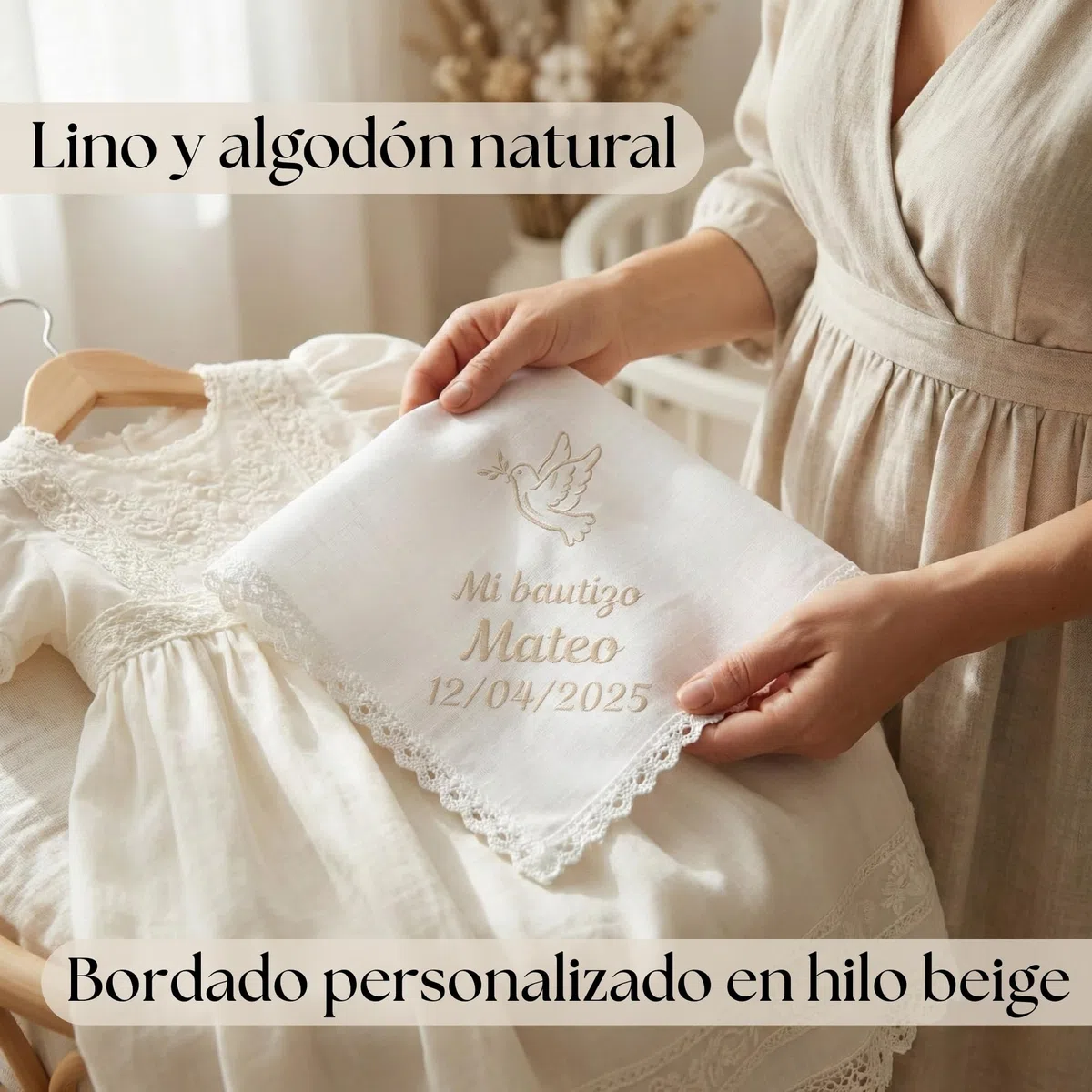 Pañuelo Bautizo Personalizado Bordado con Nombre y Fecha – Paño Bautismo de Lino y Algodón Natural – Pañuelo Bautizo Niño Niña – Regalo Bautizo Personalizado