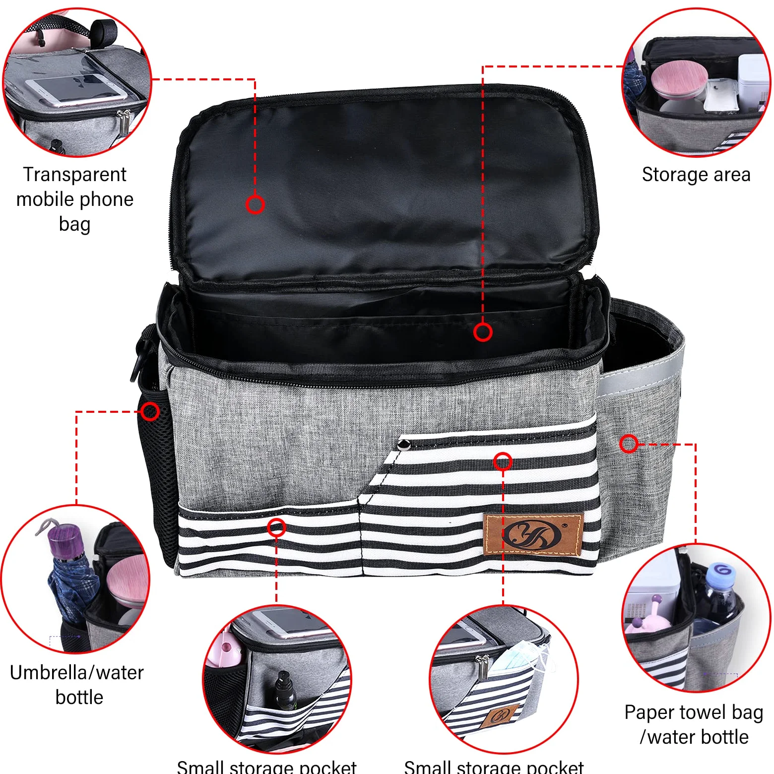 Bolsa Organizadora de Cochecitos, Multifuncional con Correa Para el Hombro Bolso Carro Bebé, Gran Capacidad Súper Liviana Bolso Organizador Bugaboo Universal Impermeable (Gris)