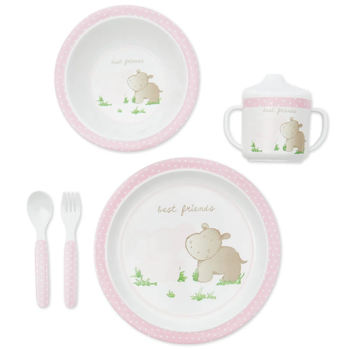 Bieco Set de Vajilla Infantil con Diseño de Animales | Vajilla Bebé 5 Piezas | Infantil Melamina | Set Comida Bebé | Niñas | Rosa