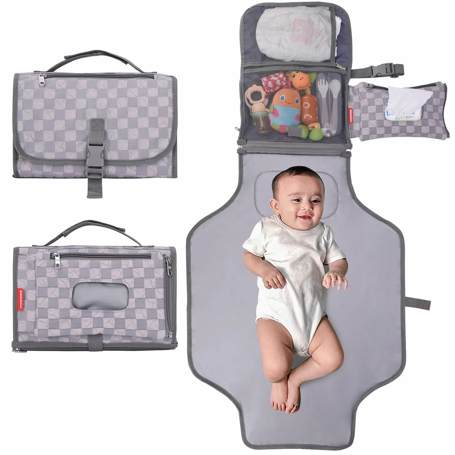 Bebamour Cambiador de pañales portátil con bolsillo para toallitas, cambiador de bebé de viaje con cojín para la cabeza para bebés, almohadillas impermeables para cambiar pañales esenciales para
