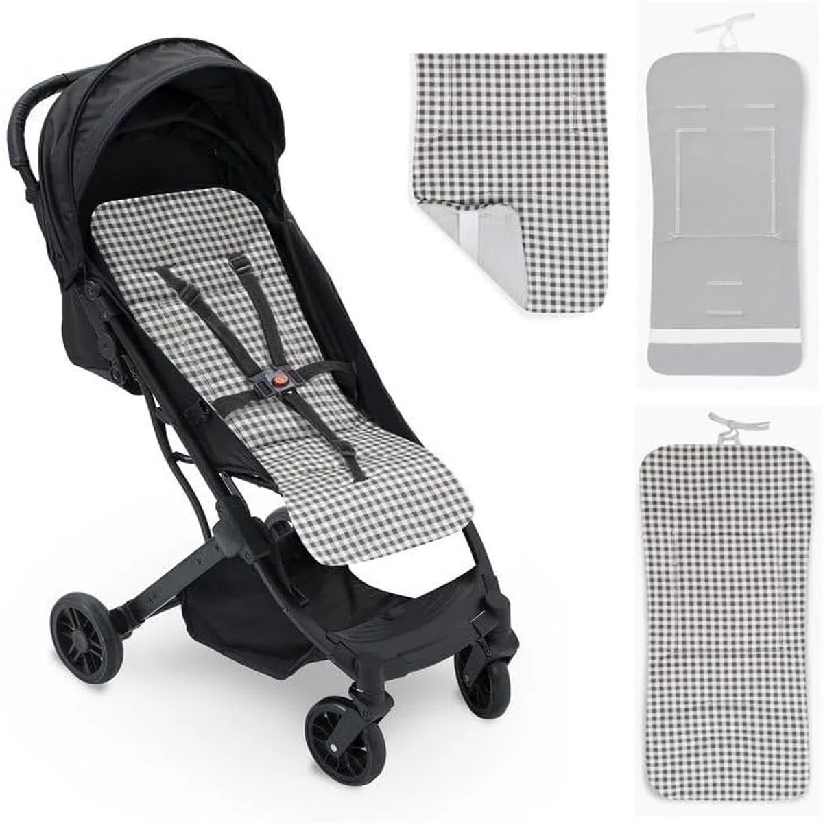 Colchoneta Silla Paseo Universal Verano Funda Carrito Bebe 100% Algodon Transpirable Reversible Apta Silla Inglesina Suave Carro Bebe Altura Ajustable Hombros y Cintura Antideslizable (Vichy Gris)