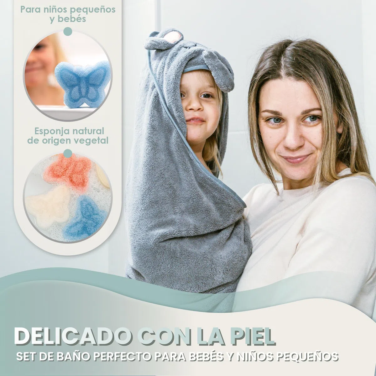 2 Unidades Toalla Bebe Recien Nacido + 1 Esponja Recien Nacido - Toallas con Capucha de Animales 0-3 años - Toalla baño - Esponja Natural - Accesorios Bebes (Blanco/Lila)