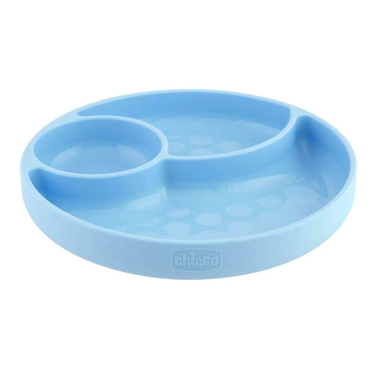 Chicco Plato para Bebé con Ventosa en la Base con 3 Compartimentos, Material Suave y Duradero, Apto para Lavavajillas y Microondas, Sin BPA – Plato con Divisiones de Silicona, Infantil +12 Meses, Azul