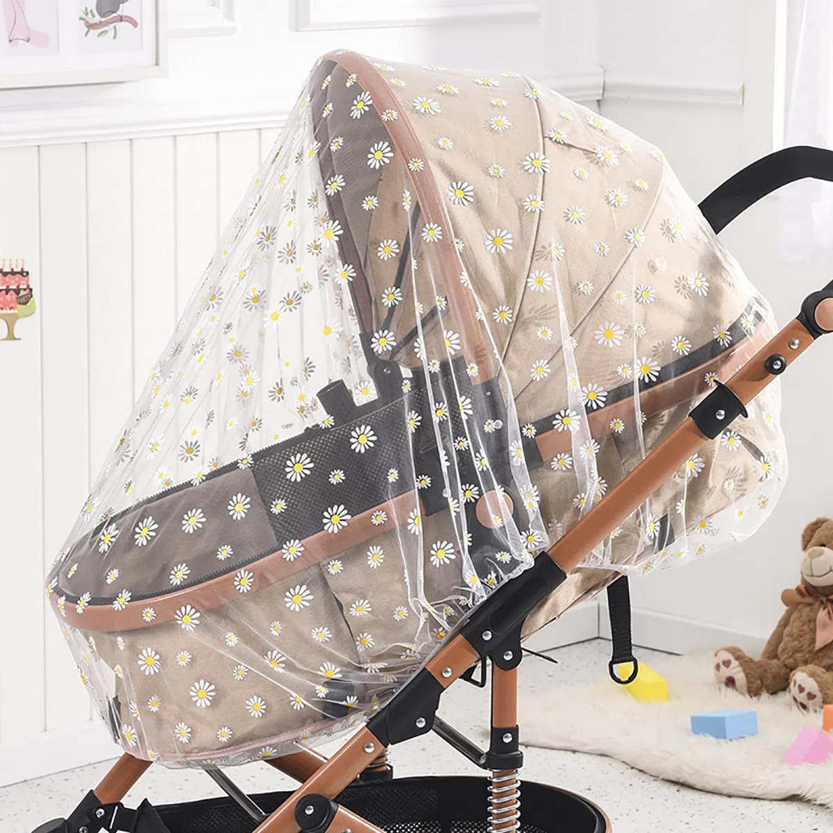 Mosquitera para cochecito, red portátil con estampado de margaritas para cochecitos, moisés, minicuna, cuna y corralitos (margarita blanca)